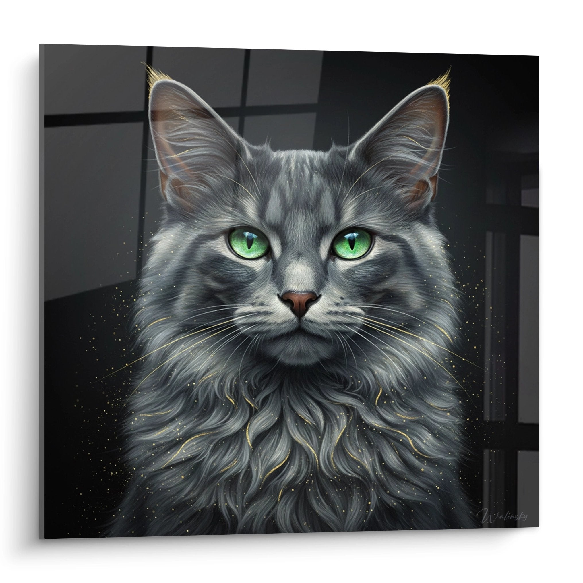 Künstlerisches Gemälde grau Nebelung-Katze mit grünen Augen, realistisches Katzenporträt für Premium-Wanddekoration