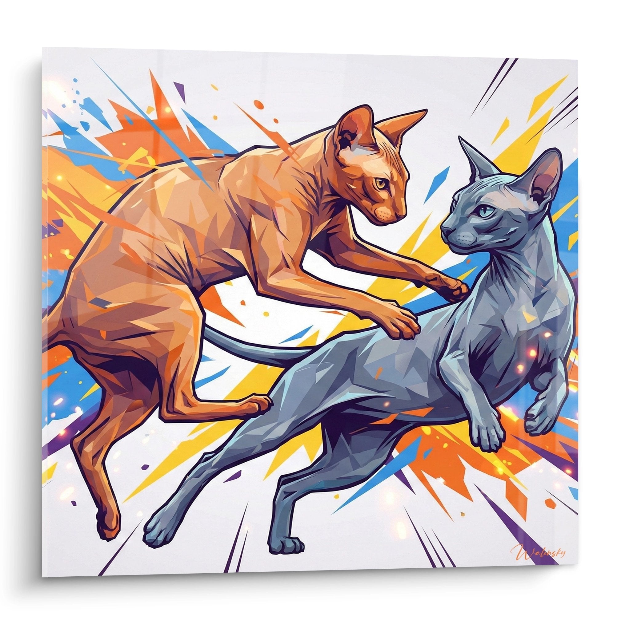 Quadro moderno raffigurante due gatti Peterbald in movimento, arancioni e blu, stile geometrico colorato