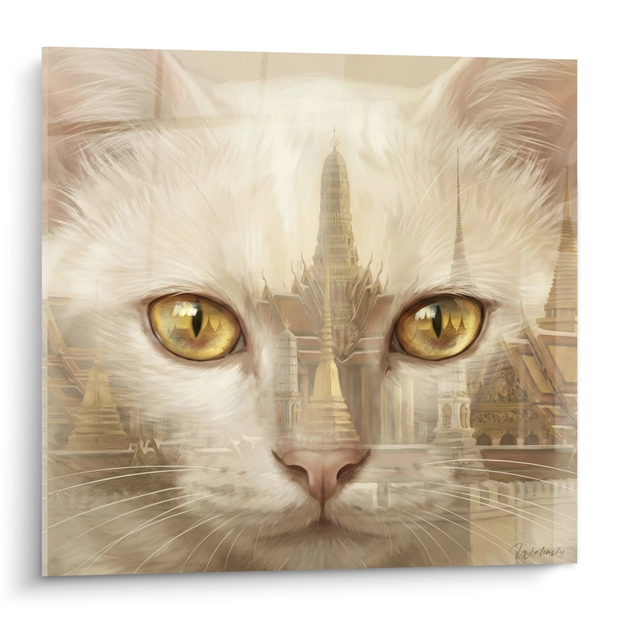 Tableau artistique chat blanc Khao Manee aux yeux dores devant temple mystique tons beiges
