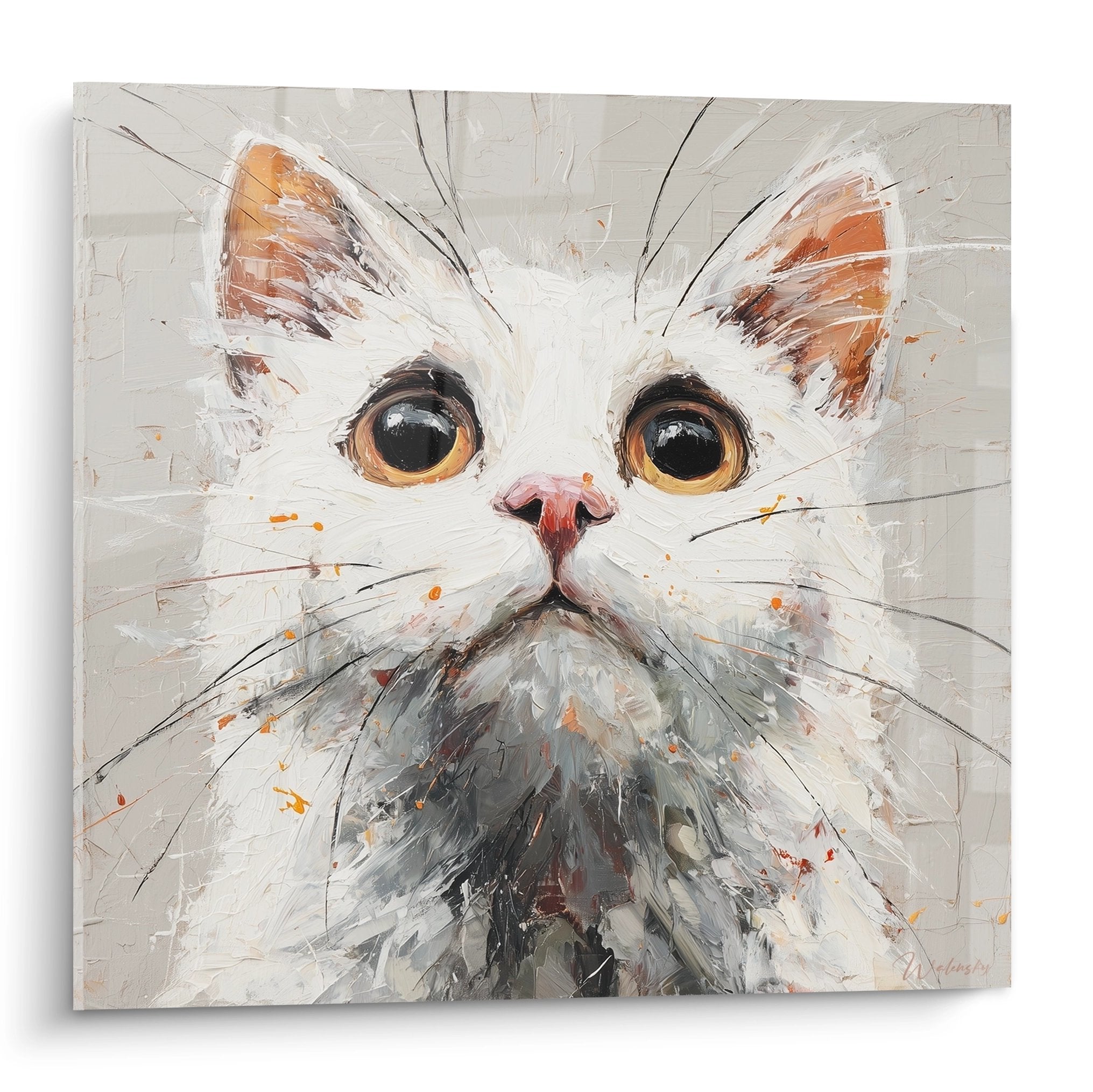 Artistic painting white cat with golden eyes expressionist style American Bobtail wall art decoration