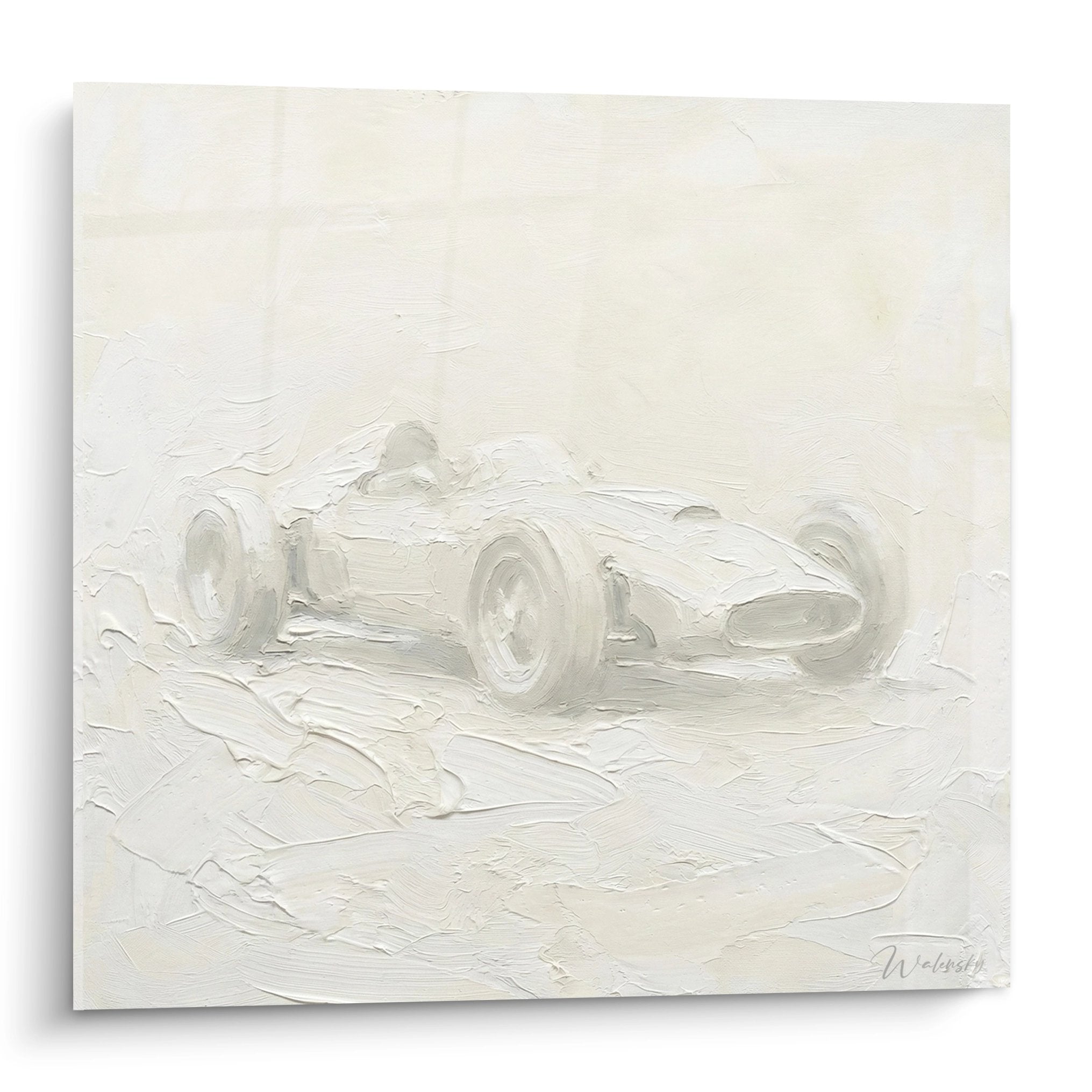 Tableau mural F1 monoplace blanche en relief sur fond blanc style minimaliste art racing contemporain
