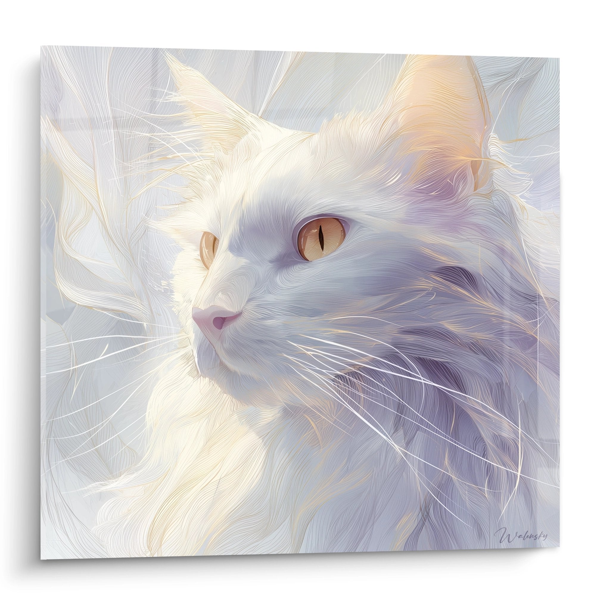 Artistic portrait of a Turkish Angora cat in pastel white and lavender tones, silky coat, expressive amber eye