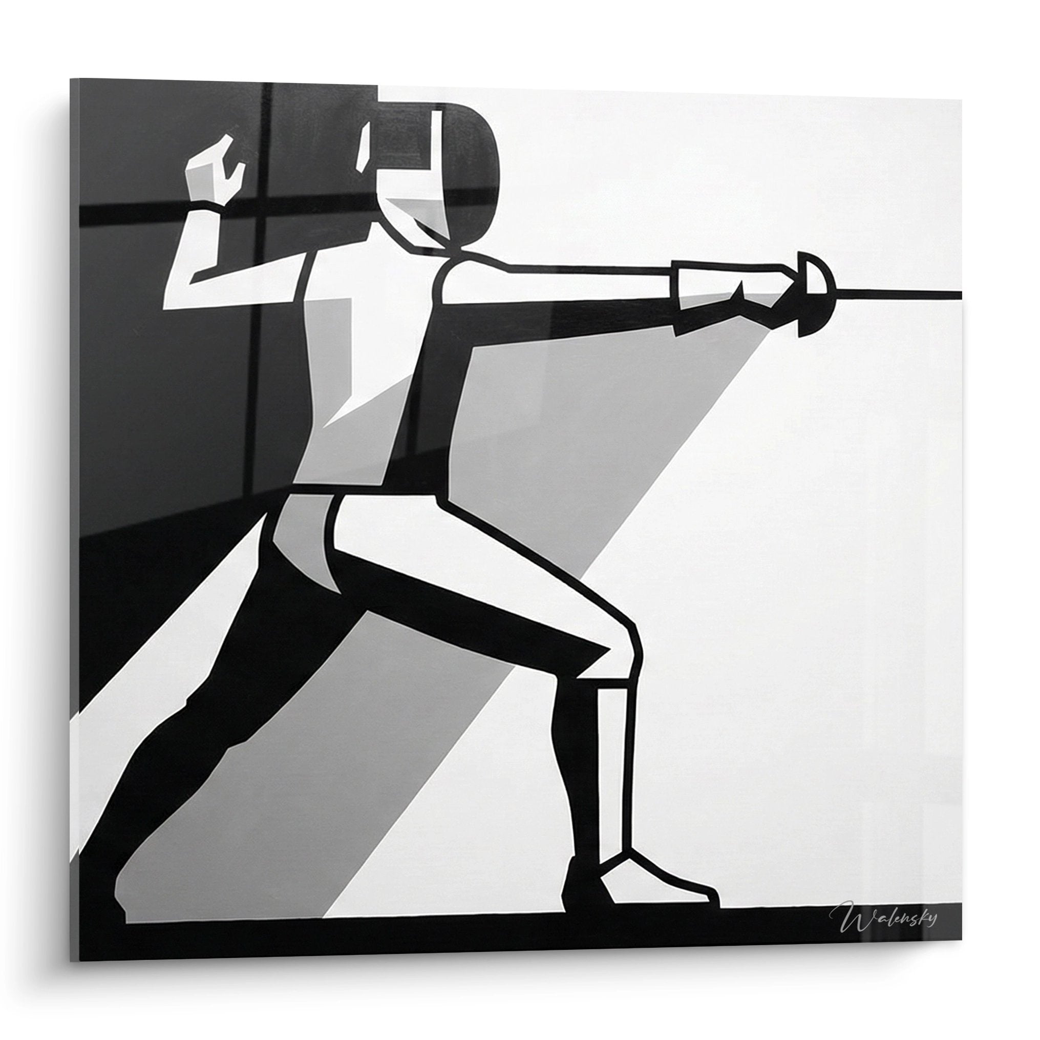 Modern fencer artwork in en garde position, stylized black and white wall art for interior decoration