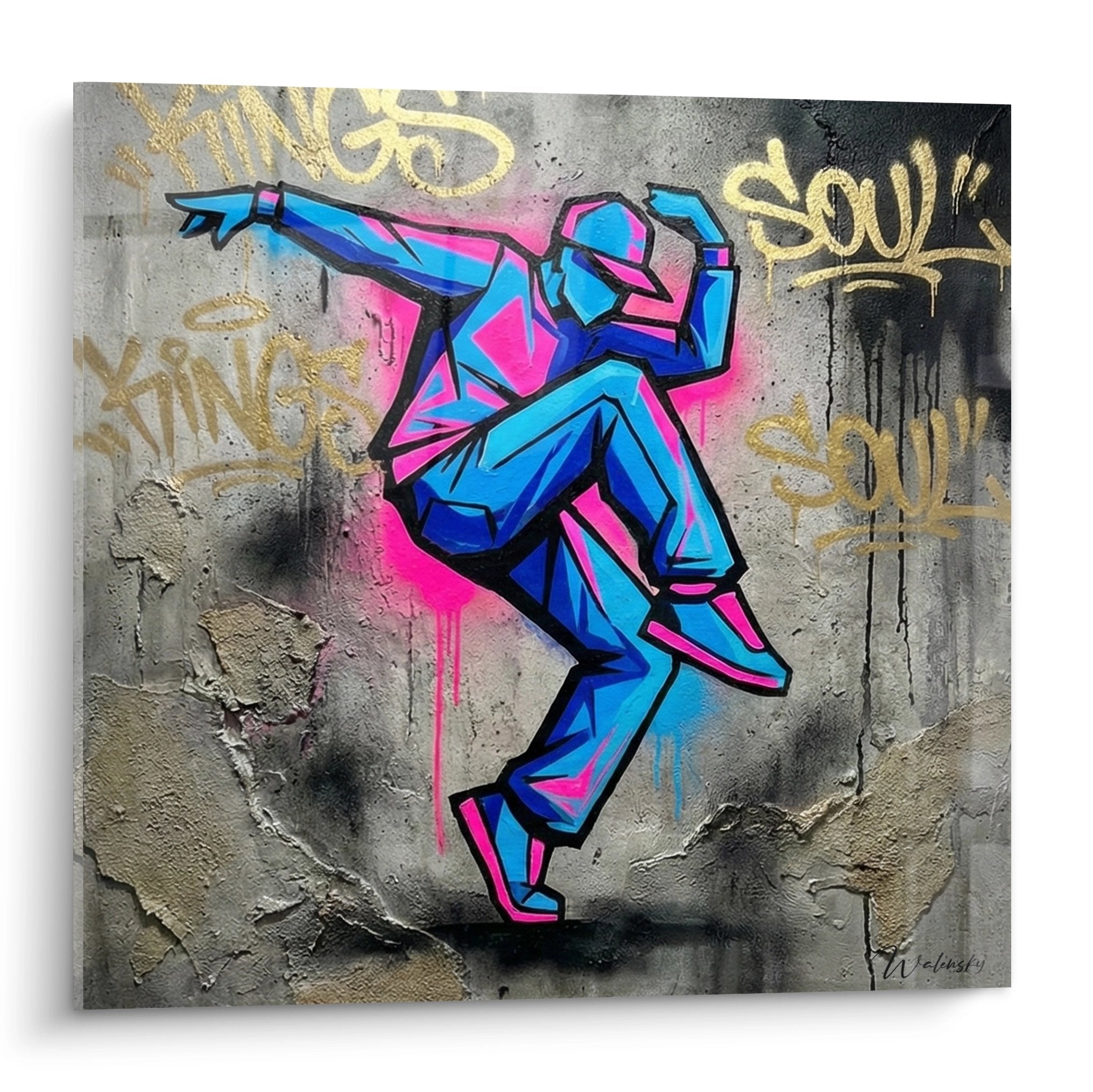 Modern hip hop breakdancer painting blue pink urban graffiti background contemporary art
