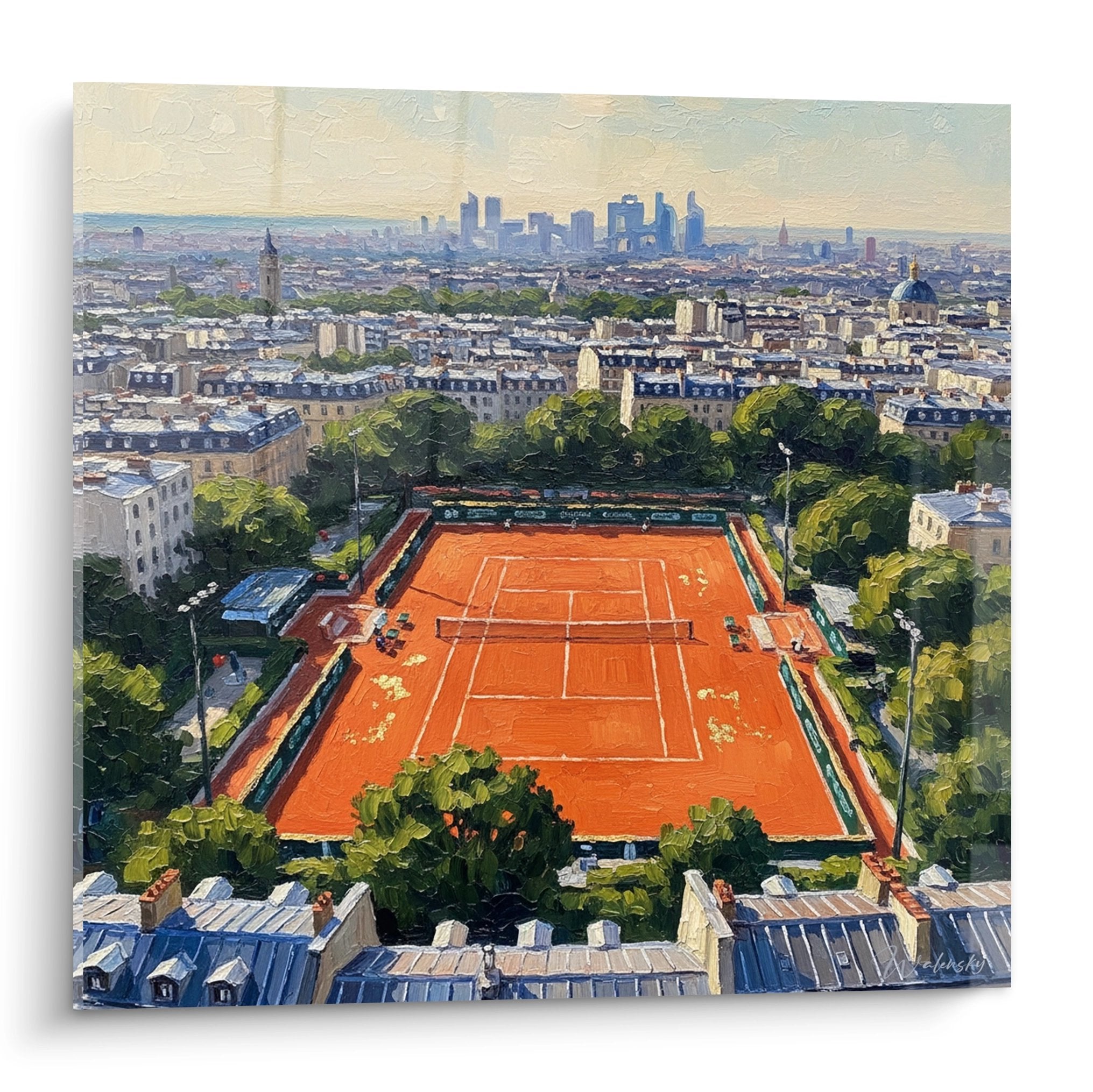 Tableau vue aerienne court tennis Paris terre battue style impressionniste decoration murale sport