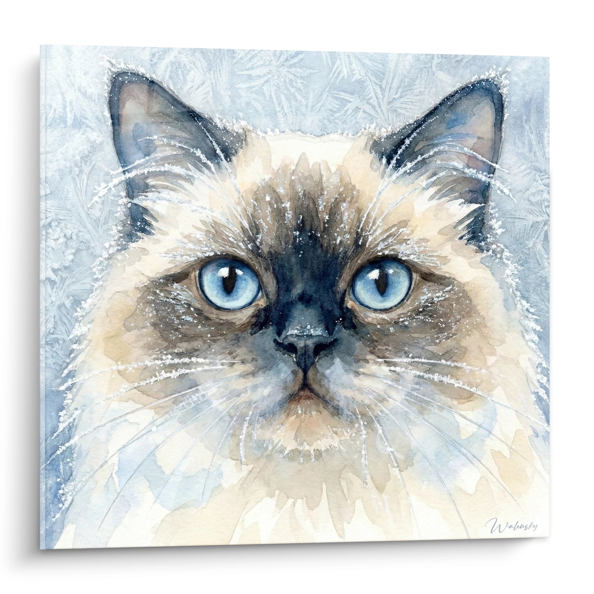 Tableau aquarelle chat Himalayan aux yeux bleus perçants, peinture artistique moderne pour décoration murale
