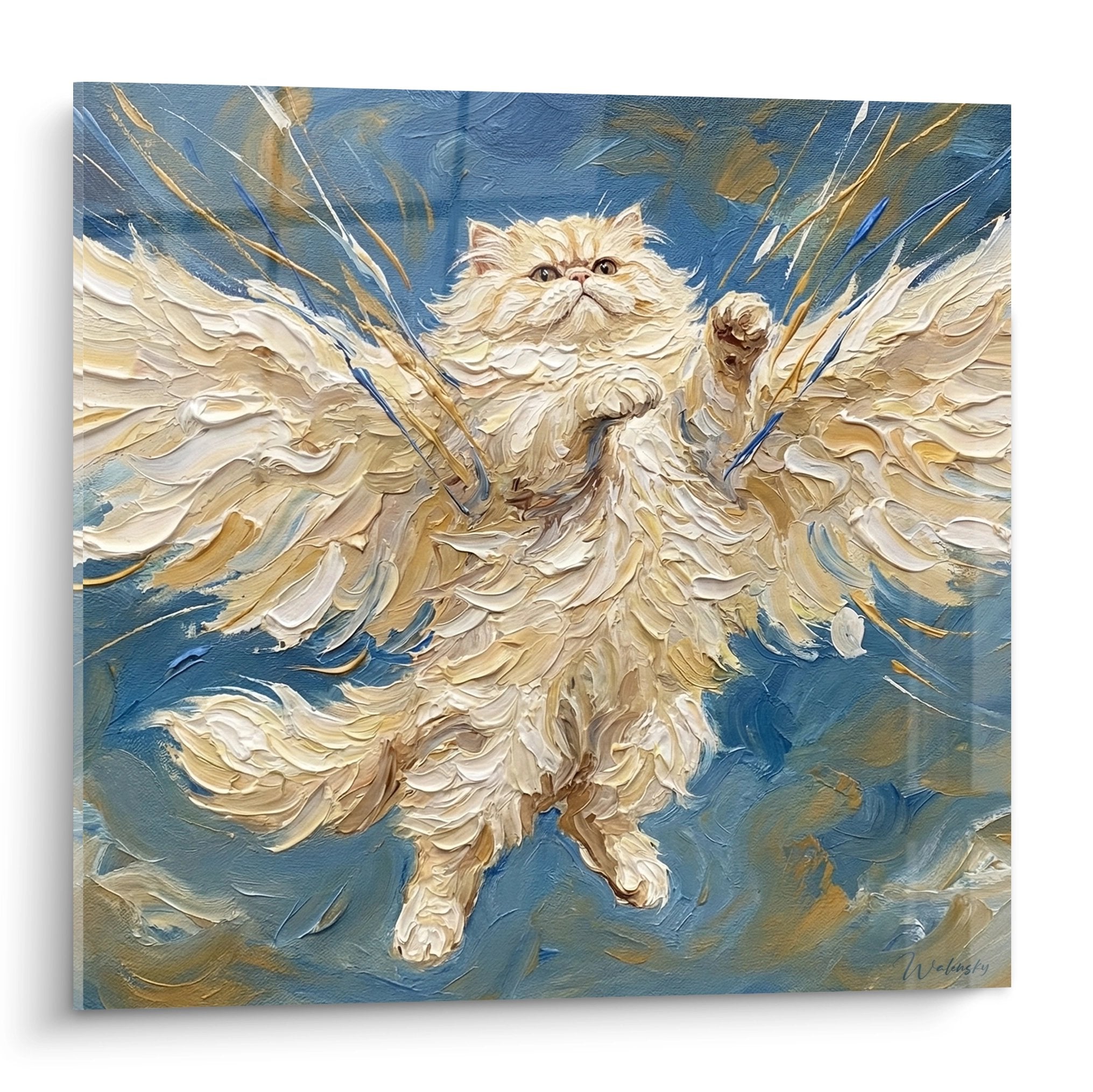 Quadro pittura gatto Persiano angelico con ali dorate spiegate su sfondo blu, arte felina celeste strutturata