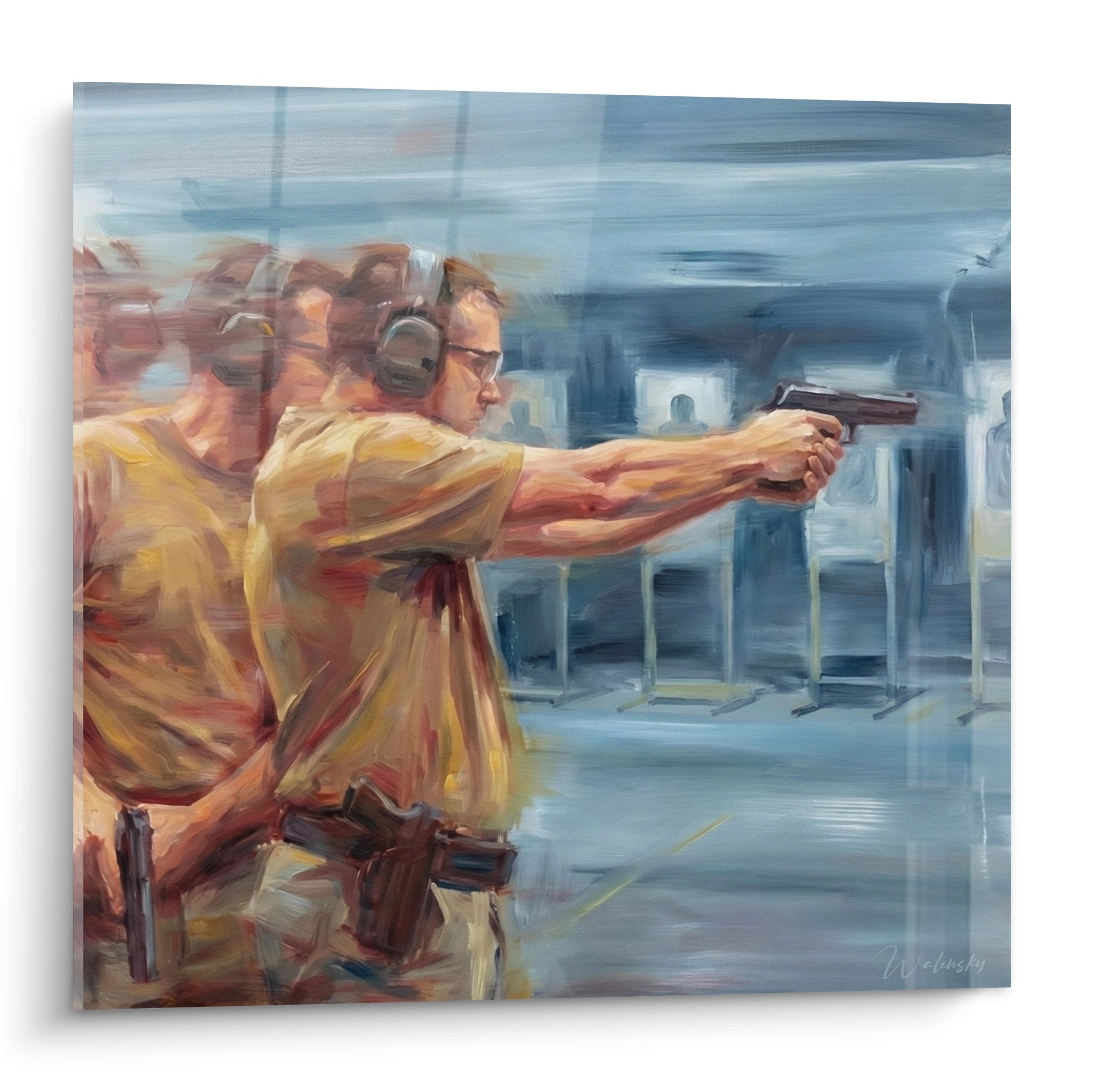 Quadro artistico che rappresenta un tiratore concentrato al poligono di tiro con casco antirumore e occhiali di protezione