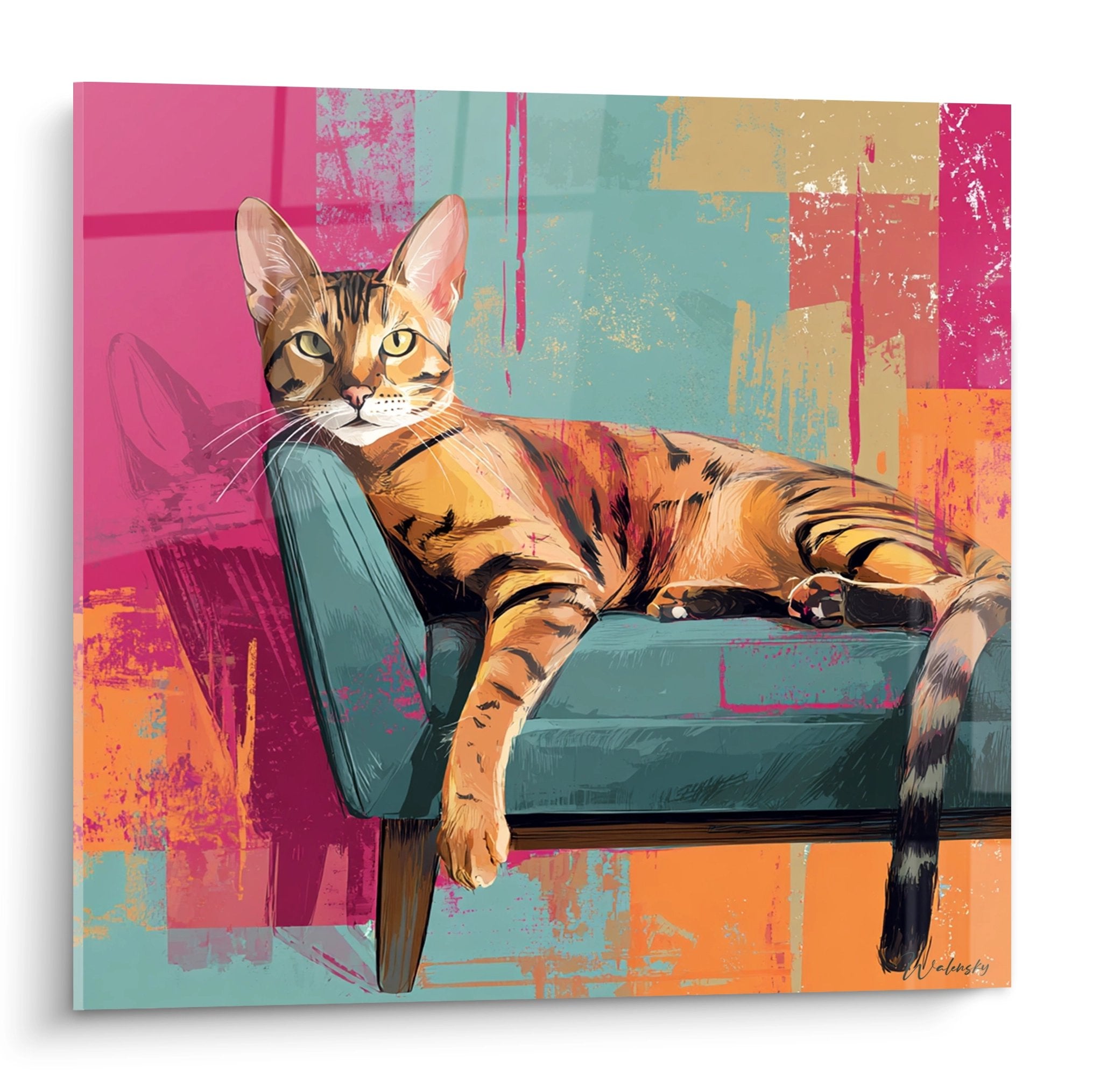 Tableau artistique chat Toyger roux rayé noir allongé sur fauteuil turquoise vintage fond coloré pop art