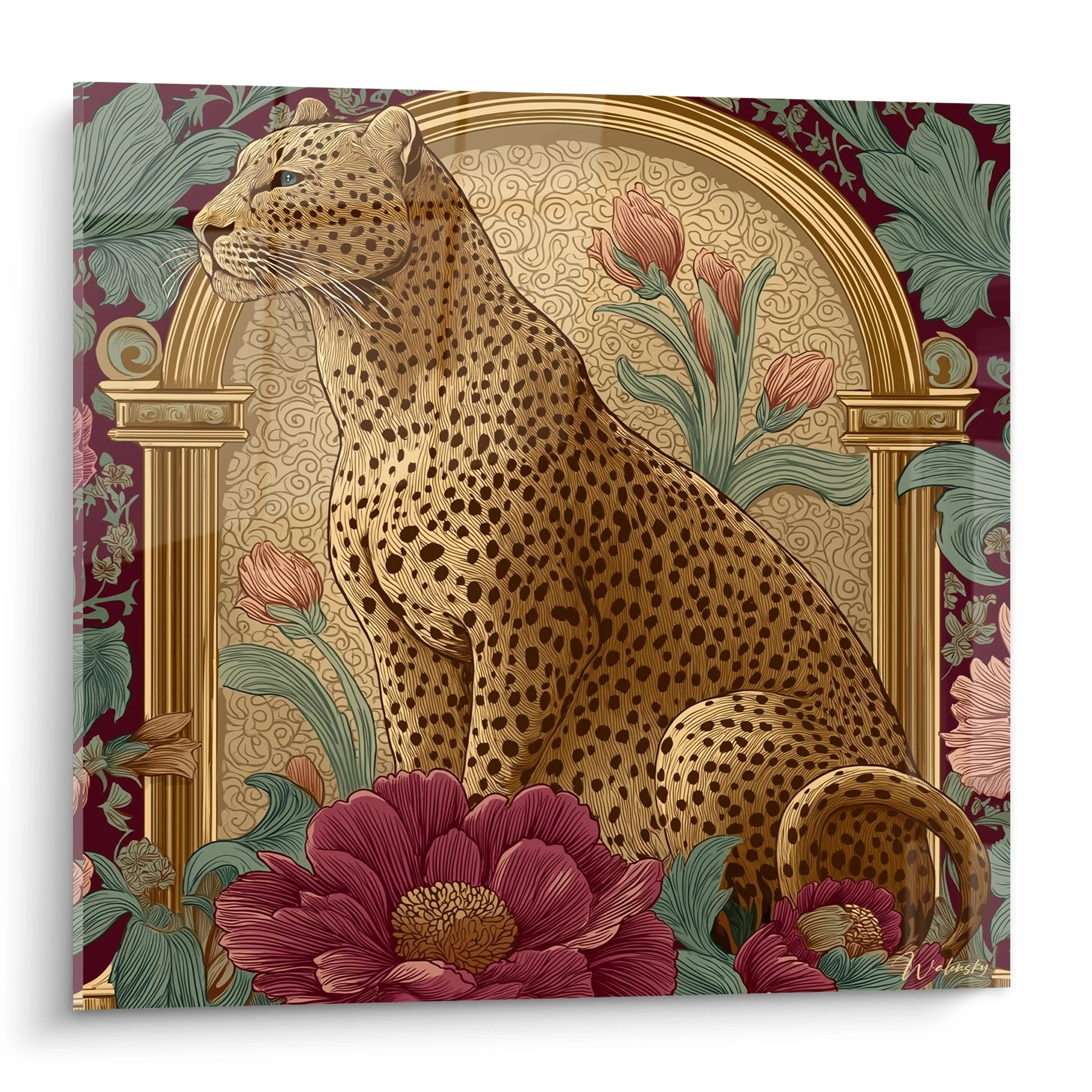 Quadro art deco leopardo dorato con peonie viola e colonne classiche su sfondo decorativo vintage