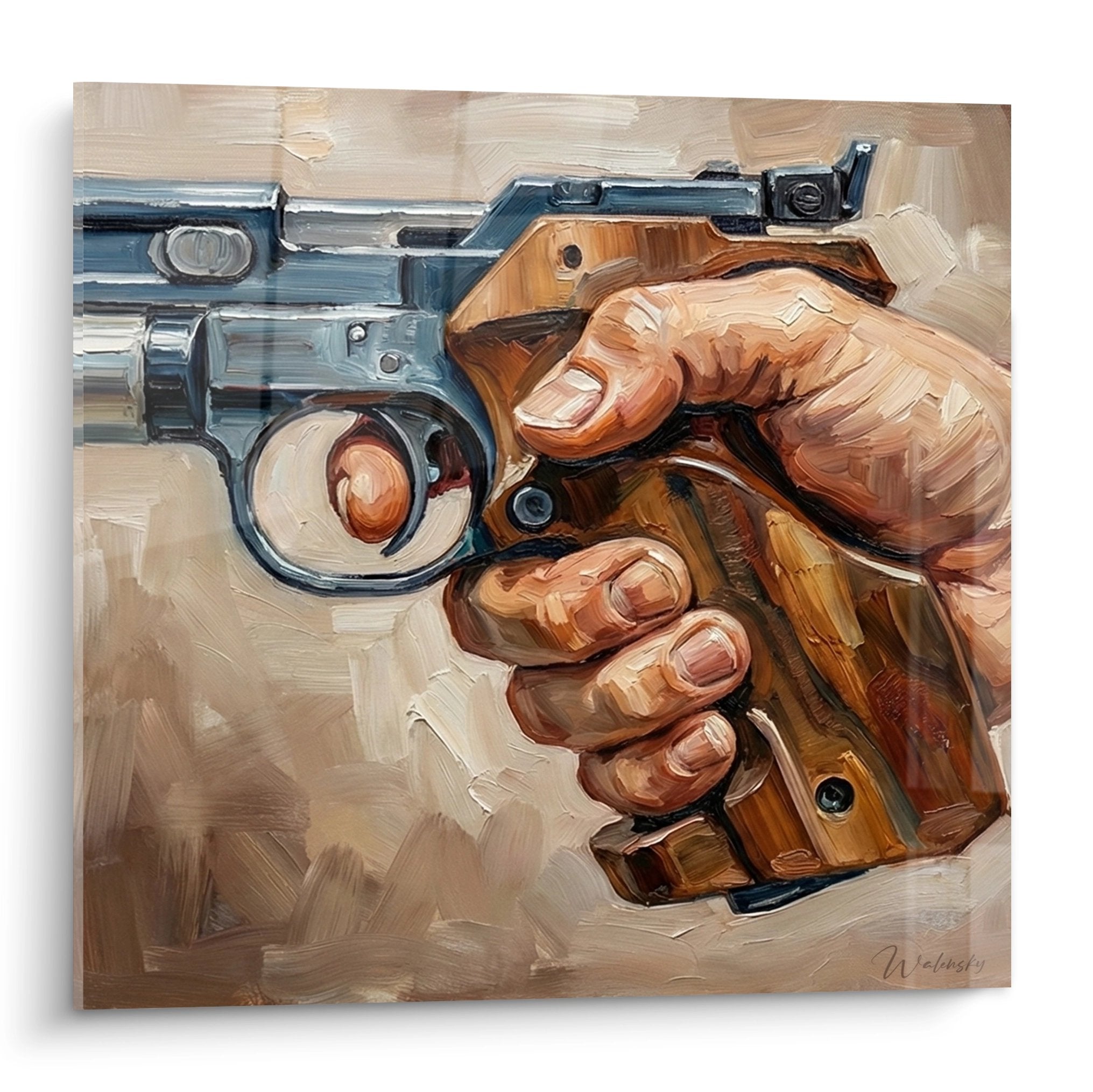 Revolver handgun painting with wooden grip - realistic sport shooting art for wall decoration