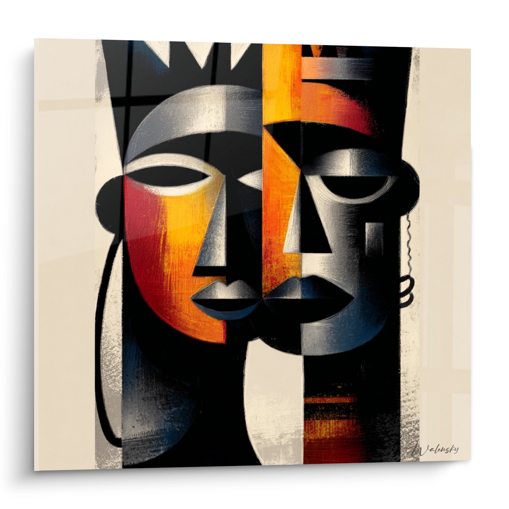 Modern artwork featuring two stylized African masks in vibrant orange, red, and blue colors