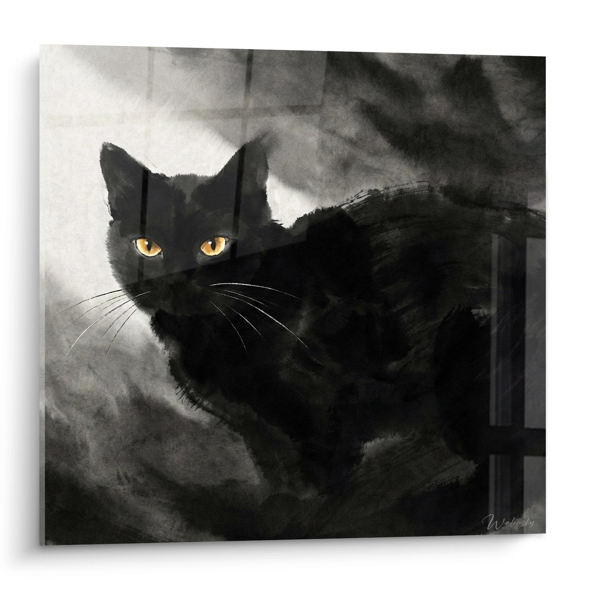 Quadro artistico gatto nero con occhi dorati su fondo grigio, arte murale felina moderna edizione gatto Manx
