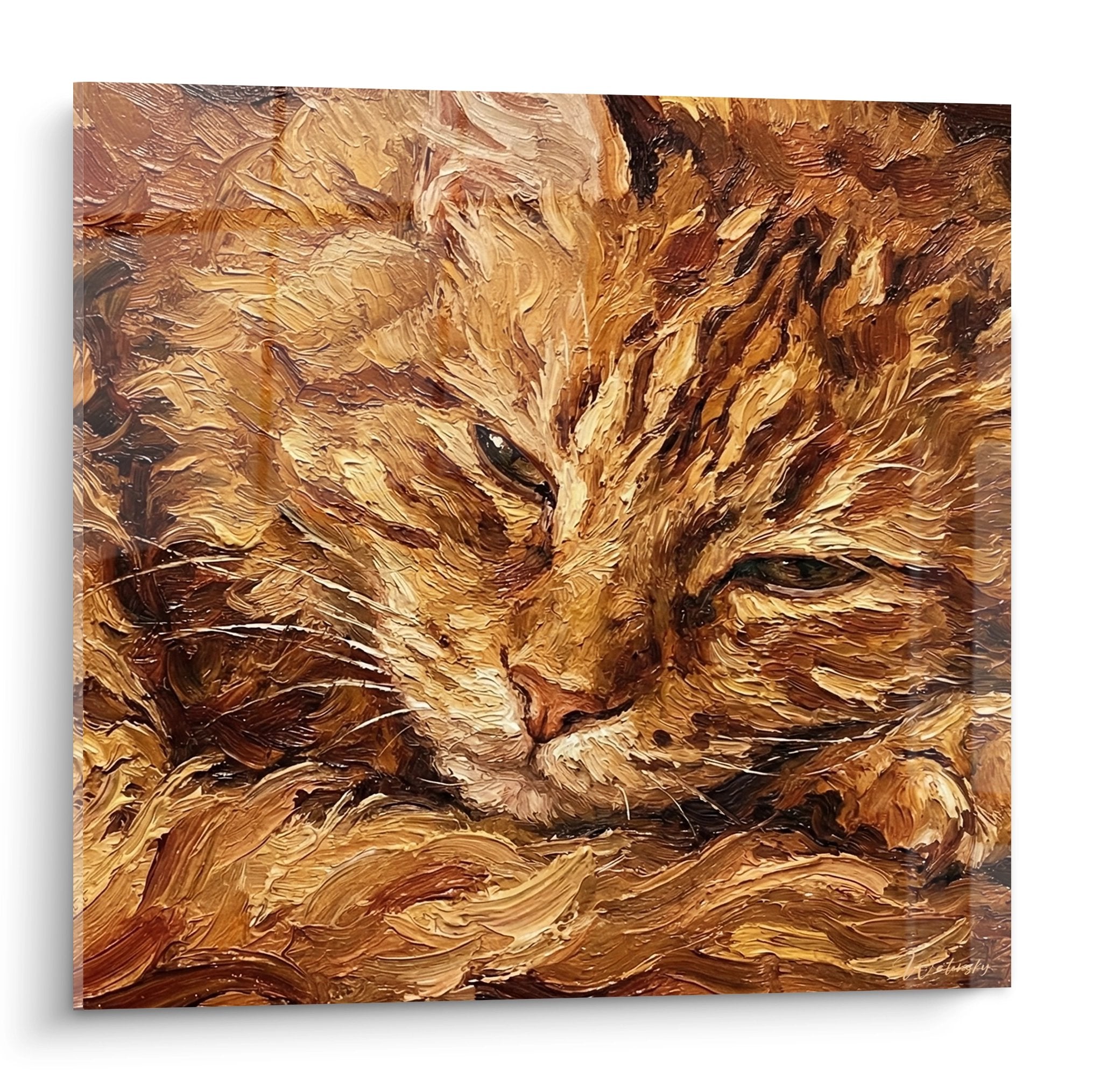 Quadro dipinto gatto rosso addormentato con gli occhi socchiusi, tecnica impasto, tonalità calde ocra e rame, arte felina