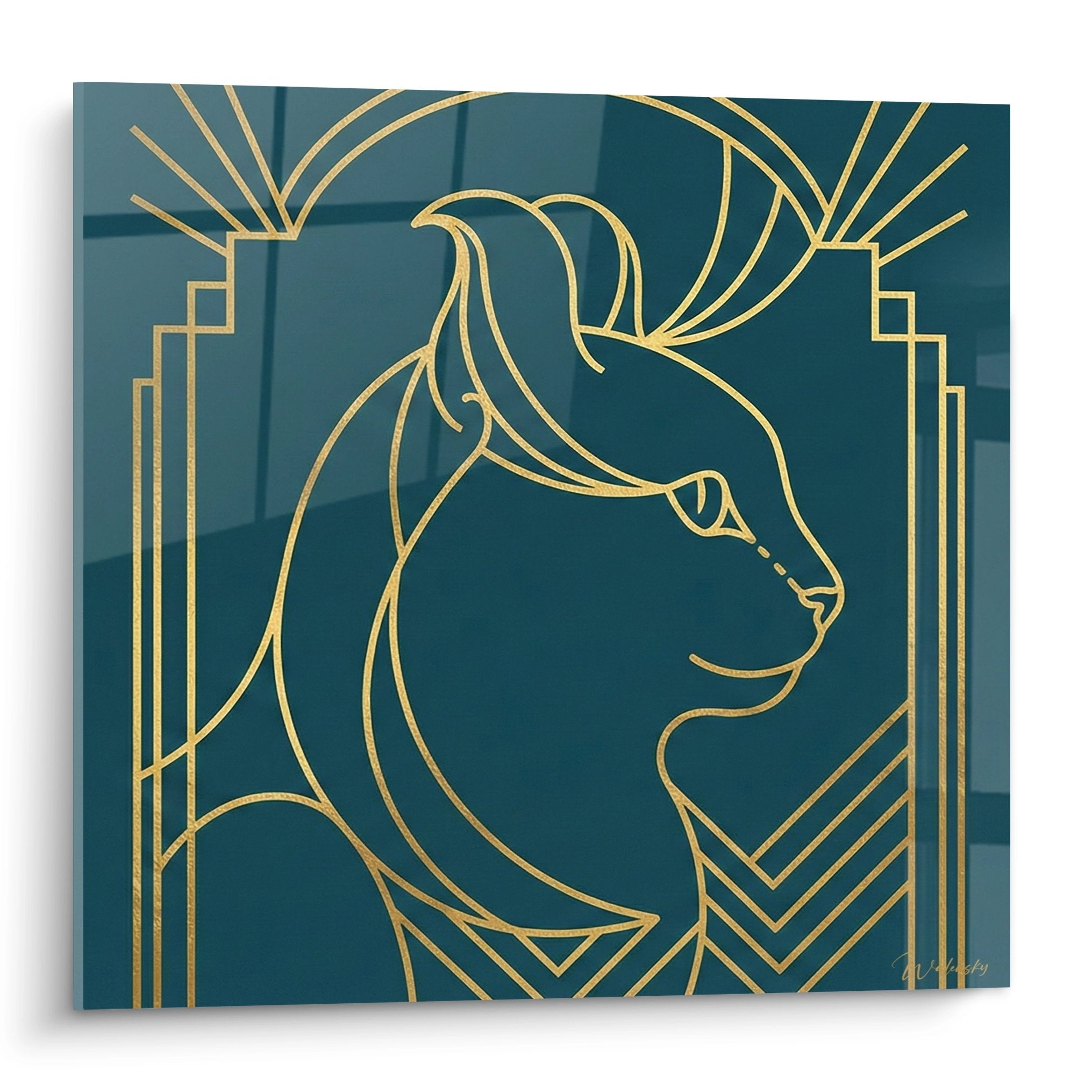 Quadro murale gatto art deco dorato su sfondo blu, stile geometrico elegante per decorazione d'interni moderna