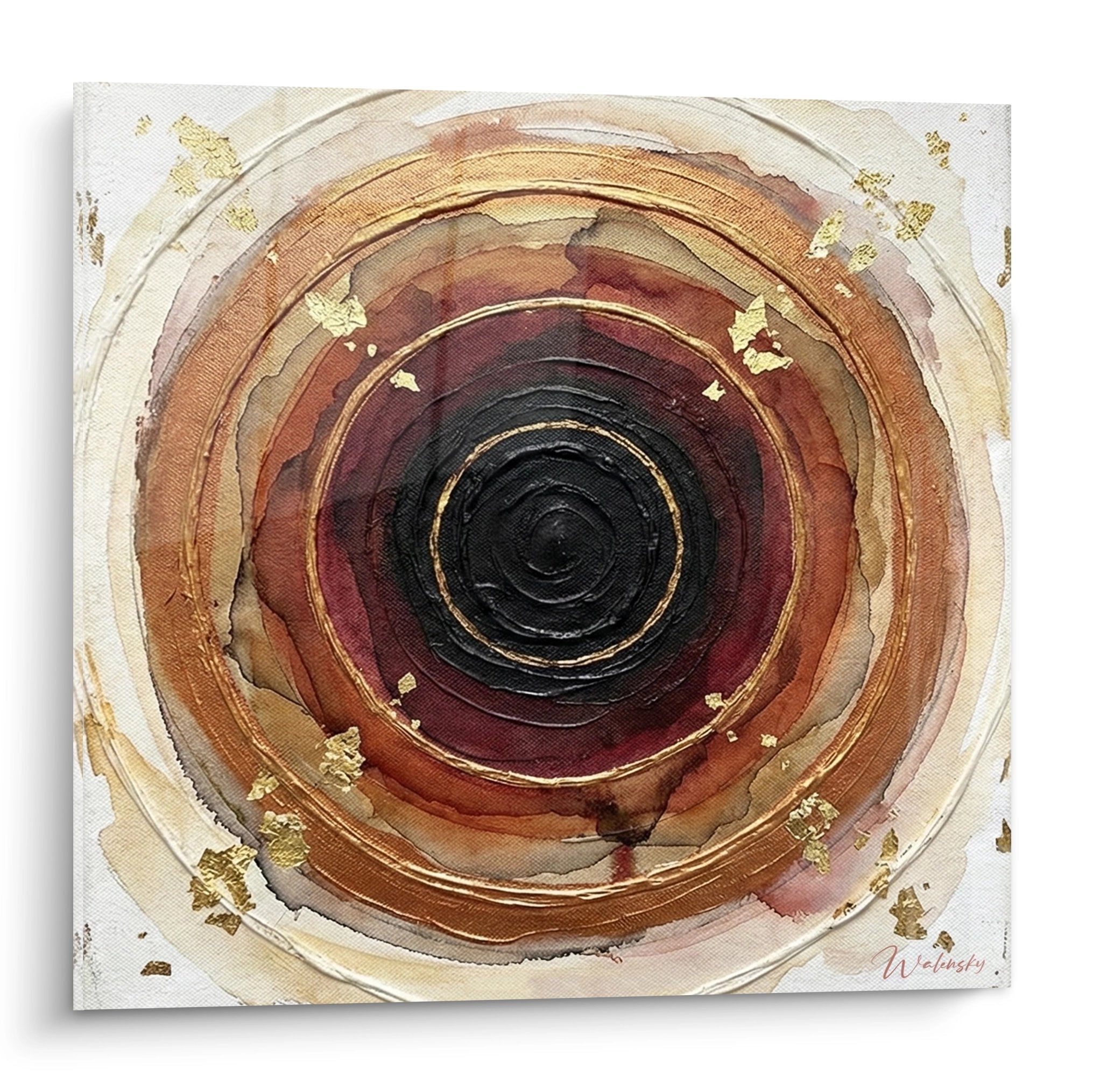 Abstract spiral painting in burgundy and gold tones with black center on canvas