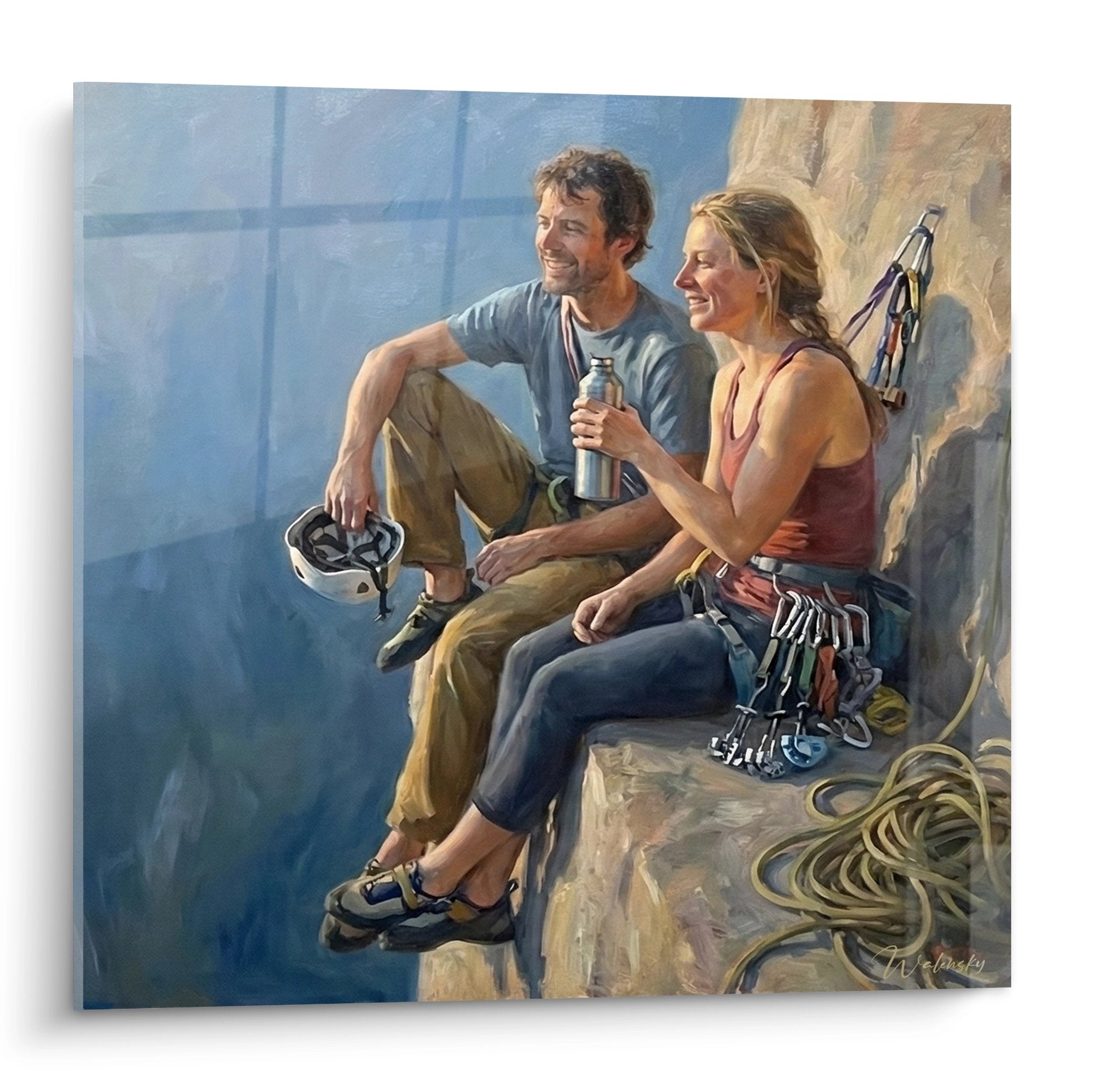 Painting of climbers taking a break on a rocky ledge sharing a moment of rest with a mountain view