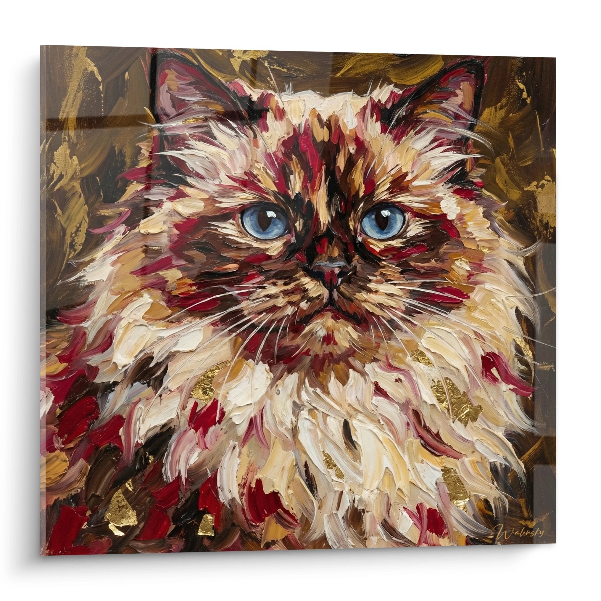 Tableau peinture chat Himalayan aux yeux bleus avec technique picturale expressive et couleurs chaudes