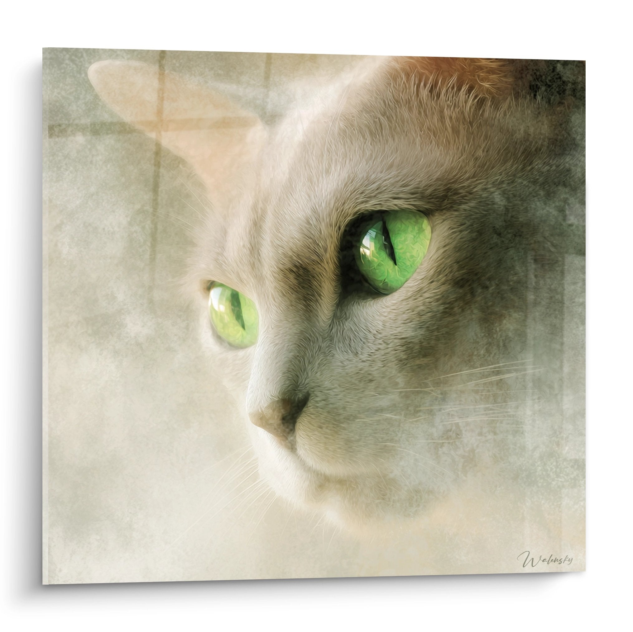 Tableau artistique d'un chat Burmilla aux yeux verts intenses, portrait félin mystérieux sur fond lumineux