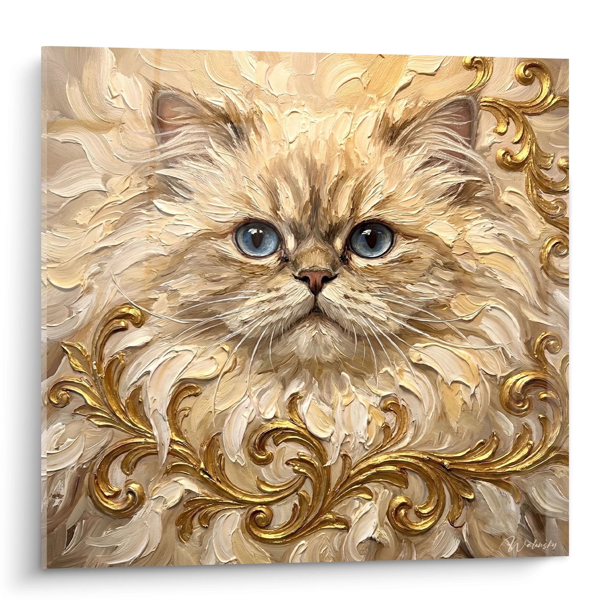 Tableau artistique chat Himalayan aux yeux bleus avec ornements baroques dorés sur fond crème