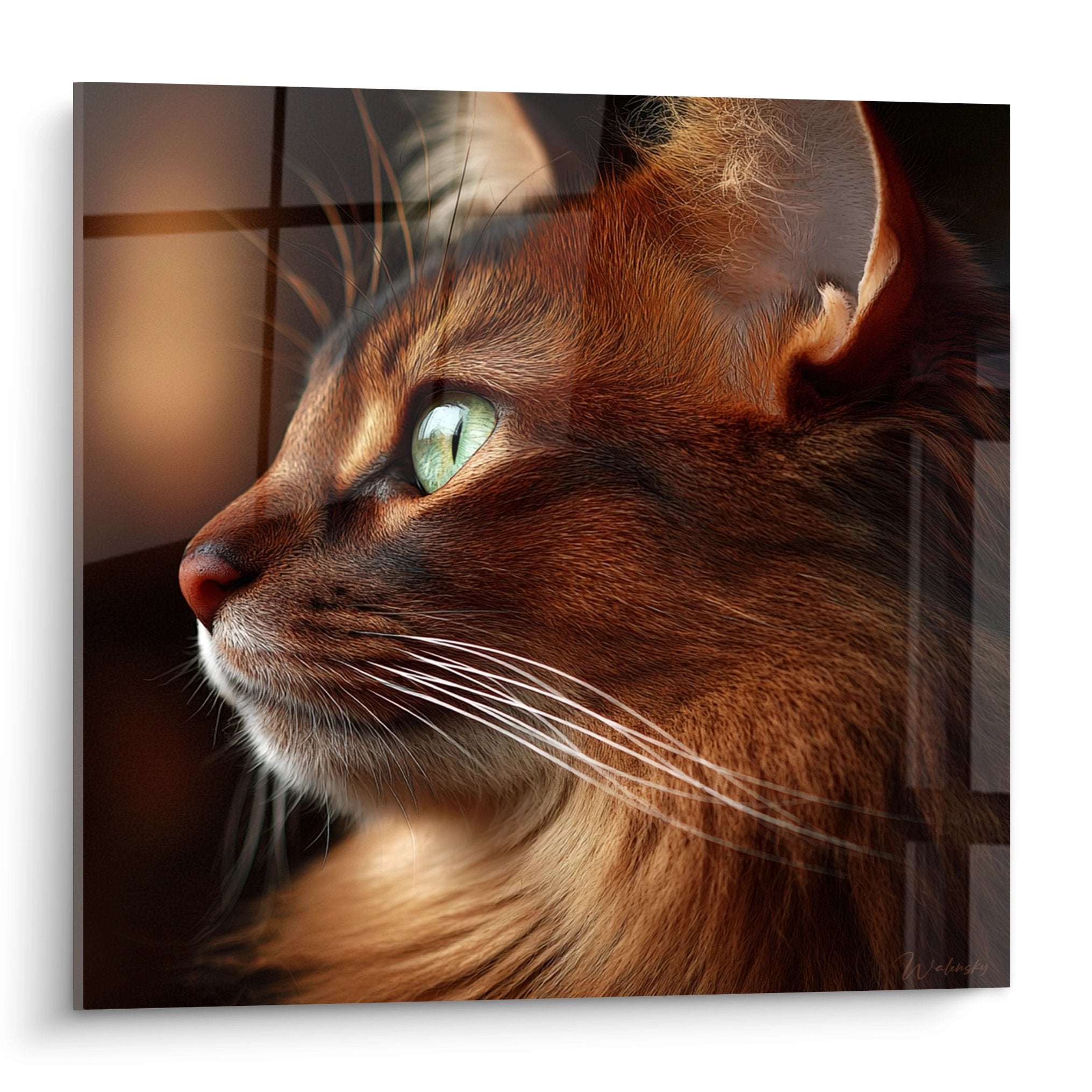 Tableau portrait chat Somali roux profil yeux verts émeraude regard intense lumière dorée art félin