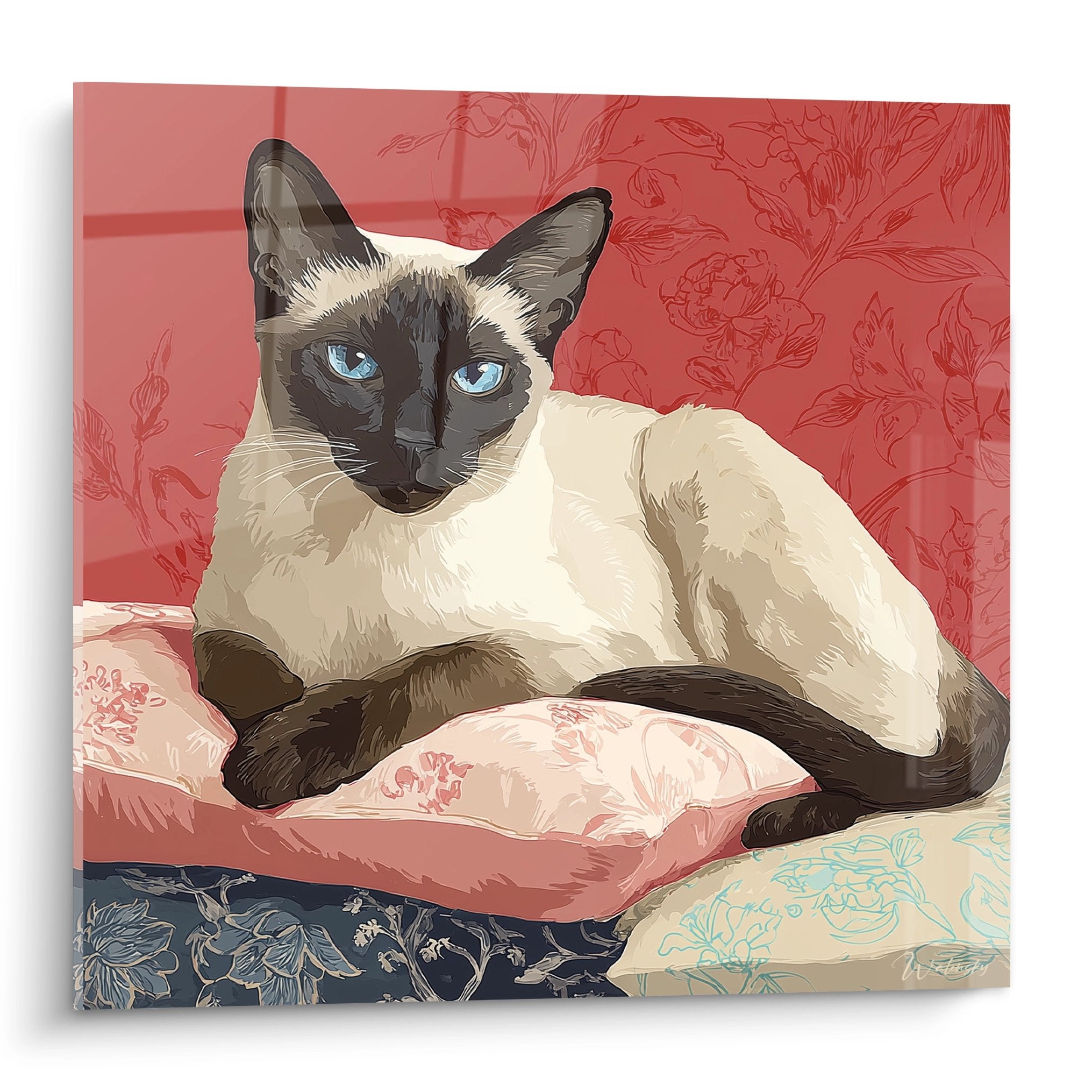 Artistic painting of a blue-eyed Siamese cat lounging on pink and coral floral cushions