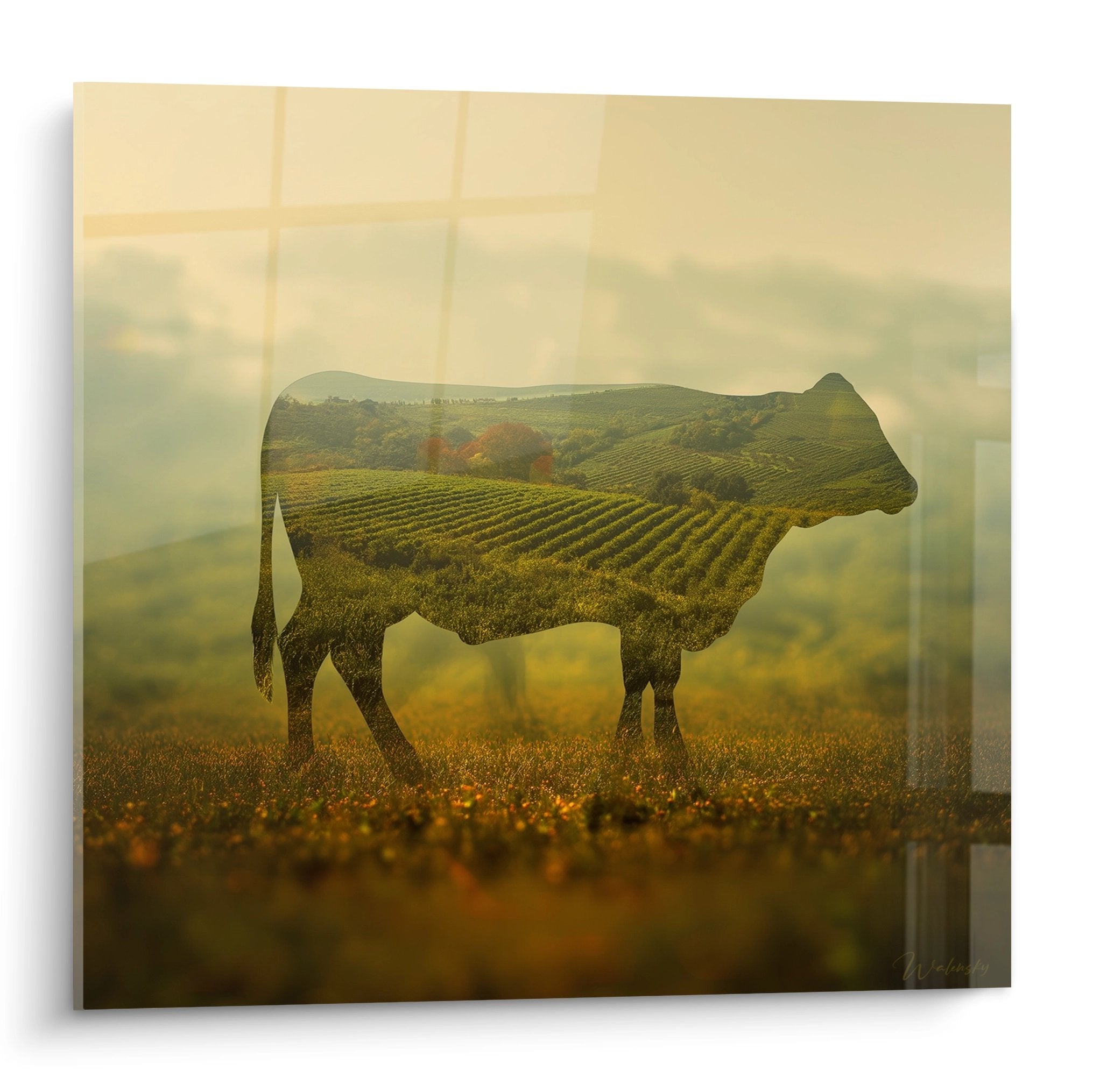 Tableau double exposition vache et paysage rural normand avec champs cultives et collines verdoyantes