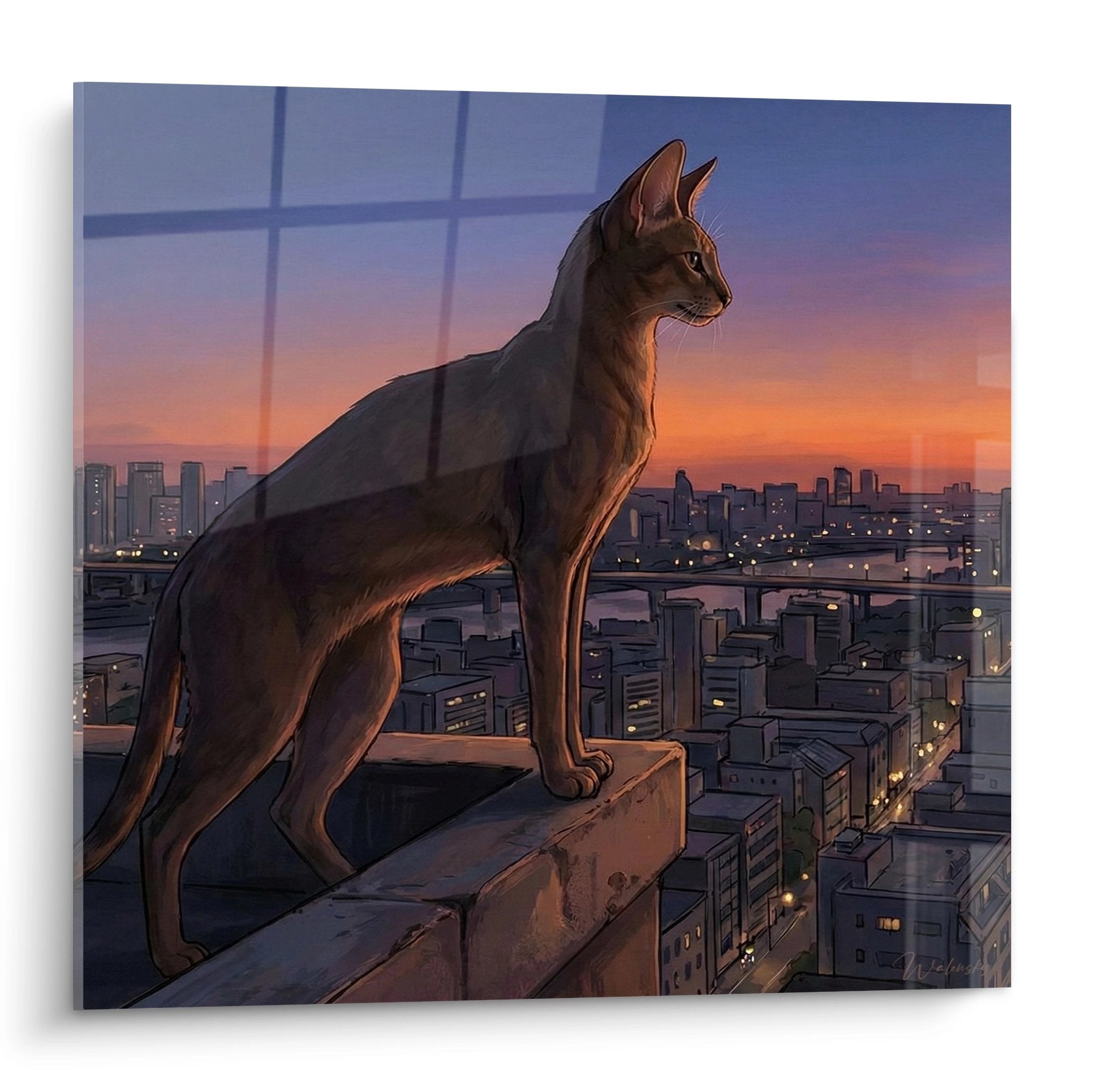 Tableau d'un chat Chausie elegant perche sur immeuble contemplant metropole au coucher soleil, art felin urbain moderne