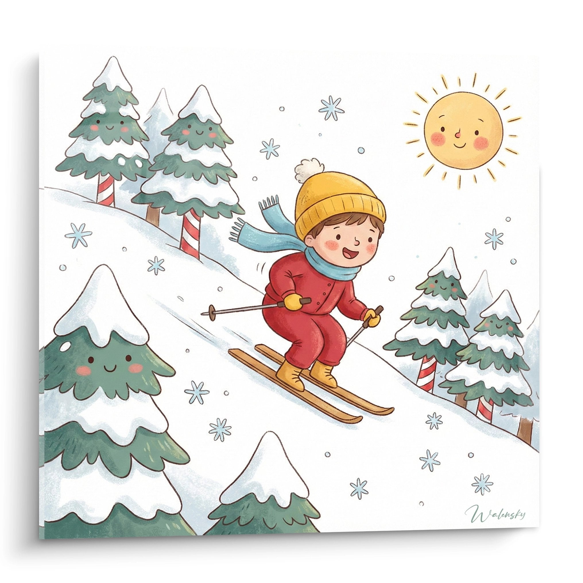 Tableau enfant skieur joyeux dévalant une pente enneigée entourée de sapins souriants sous un soleil radieux