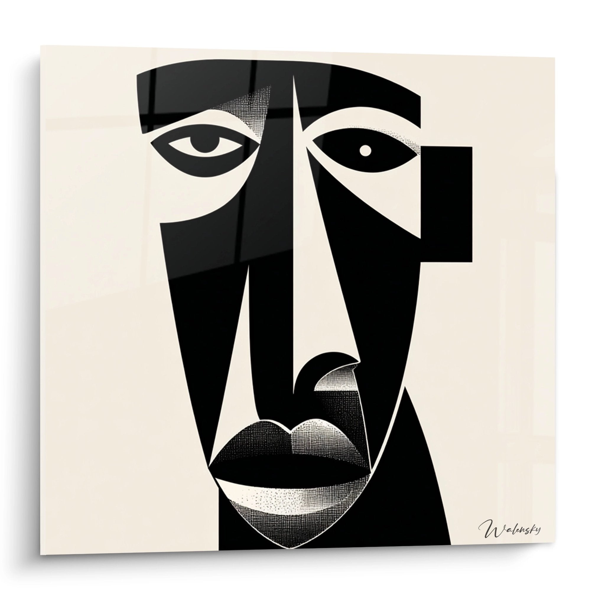 Quadro arte tribale africana stile cubista, viso geometrico nero e beige, decorazione murale moderna