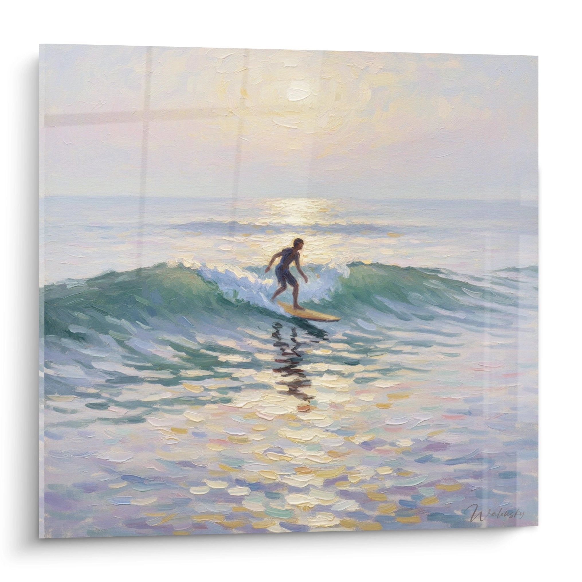 Tableau surf représentant un surfeur glissant sur une vague dorée au lever du soleil, style impressionniste
