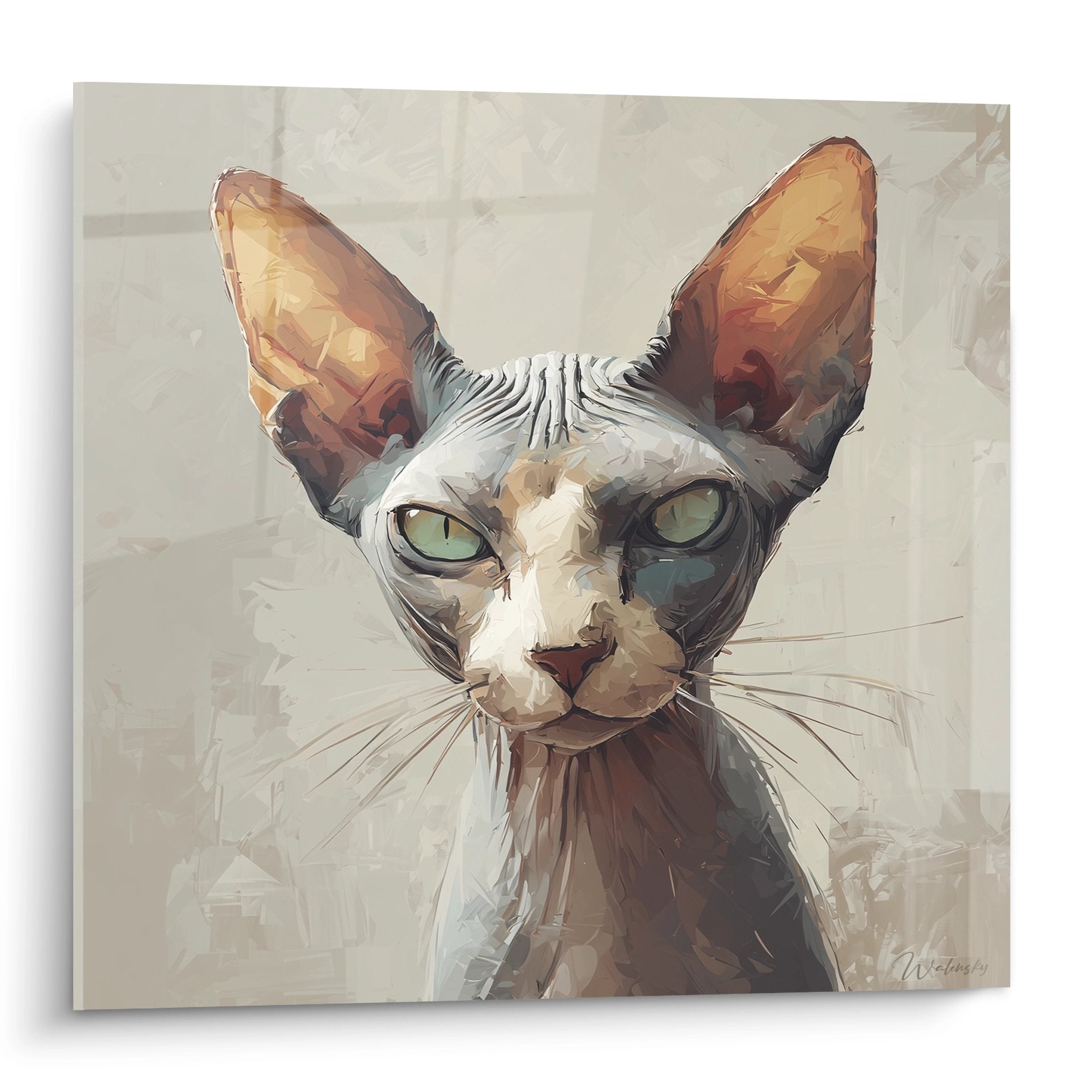 Ritratto artistico gatto Sphynx con occhi verdi, quadro murale stile pittorico moderno su sfondo beige