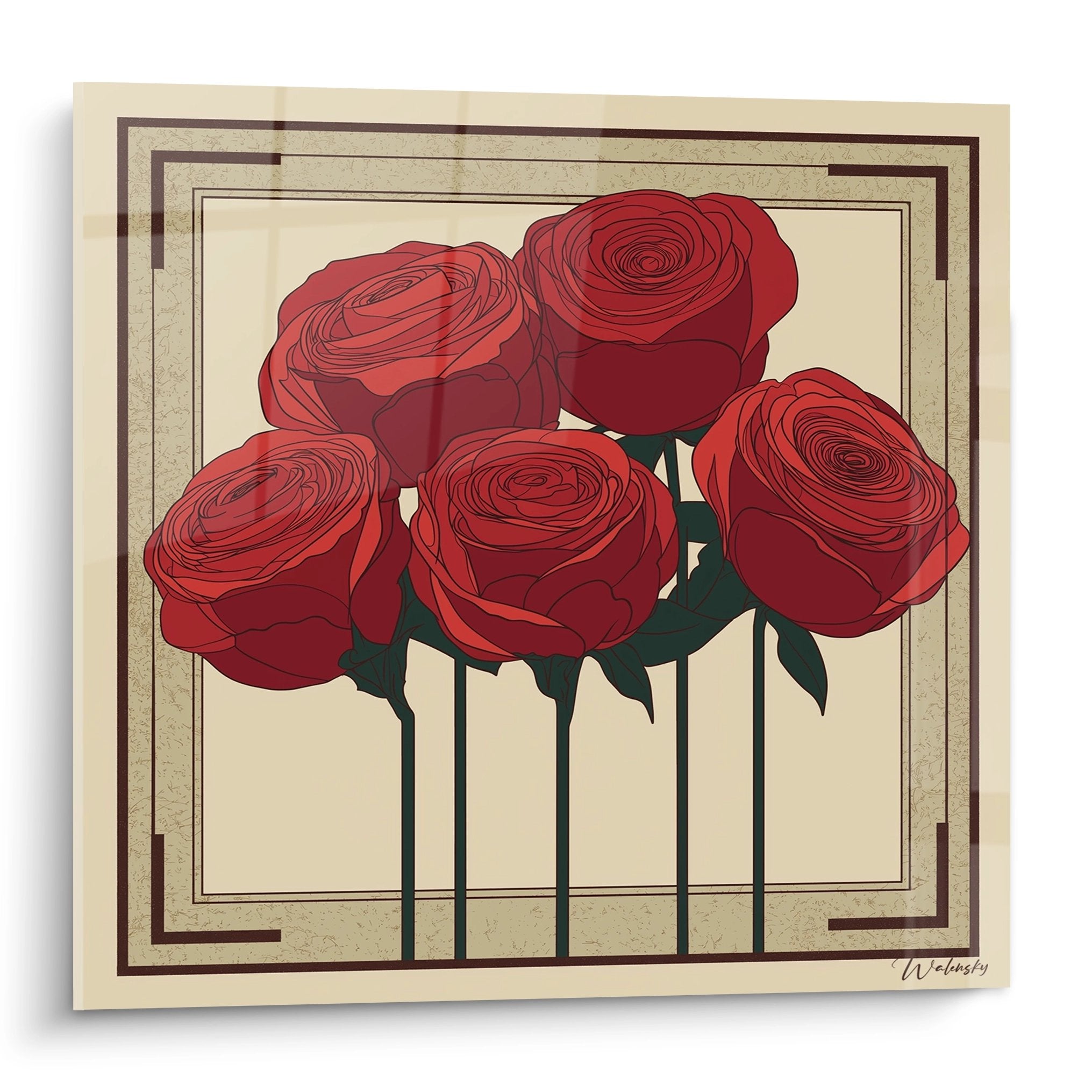 Quadro art deco rose rosse stilizzate con cornice geometrica dorata su fondo beige vintage