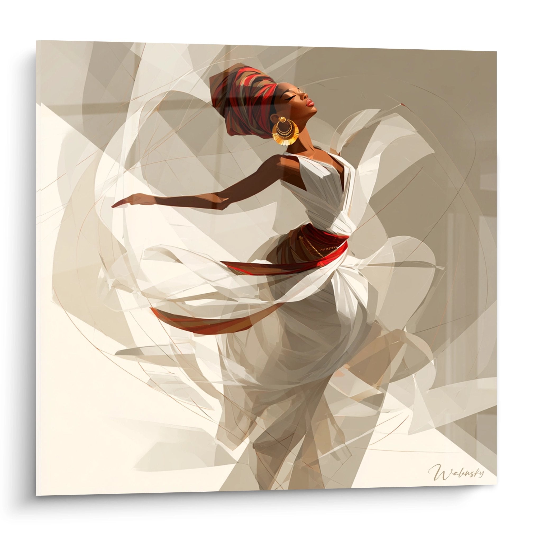 Quadro moderno ballerina africana in movimento con copricapo rosso e abito bianco fluido