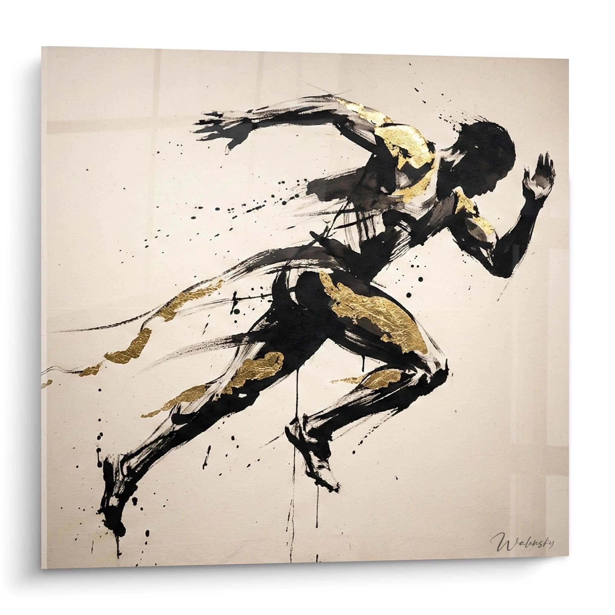 Quadro moderno che rappresenta un corridore in sprint con tecnica gestuale nero e oro su sfondo beige
