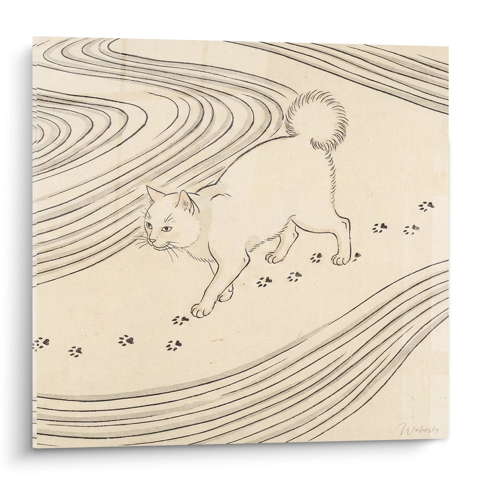 Minimalist beige wall art depicting a Japanese Bobtail cat with paw prints and wavy lines in Japanese style