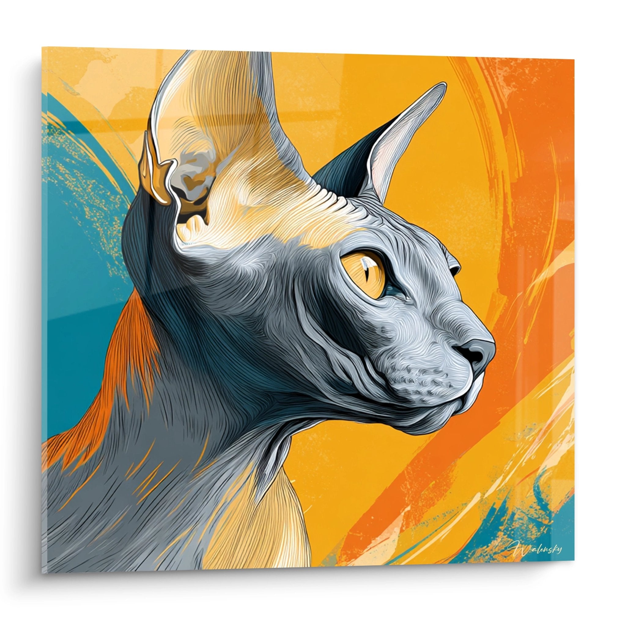 Quadro artistico gatto Sphynx di profilo con occhi dorati su sfondo arancione e blu espressivo arte murale moderna