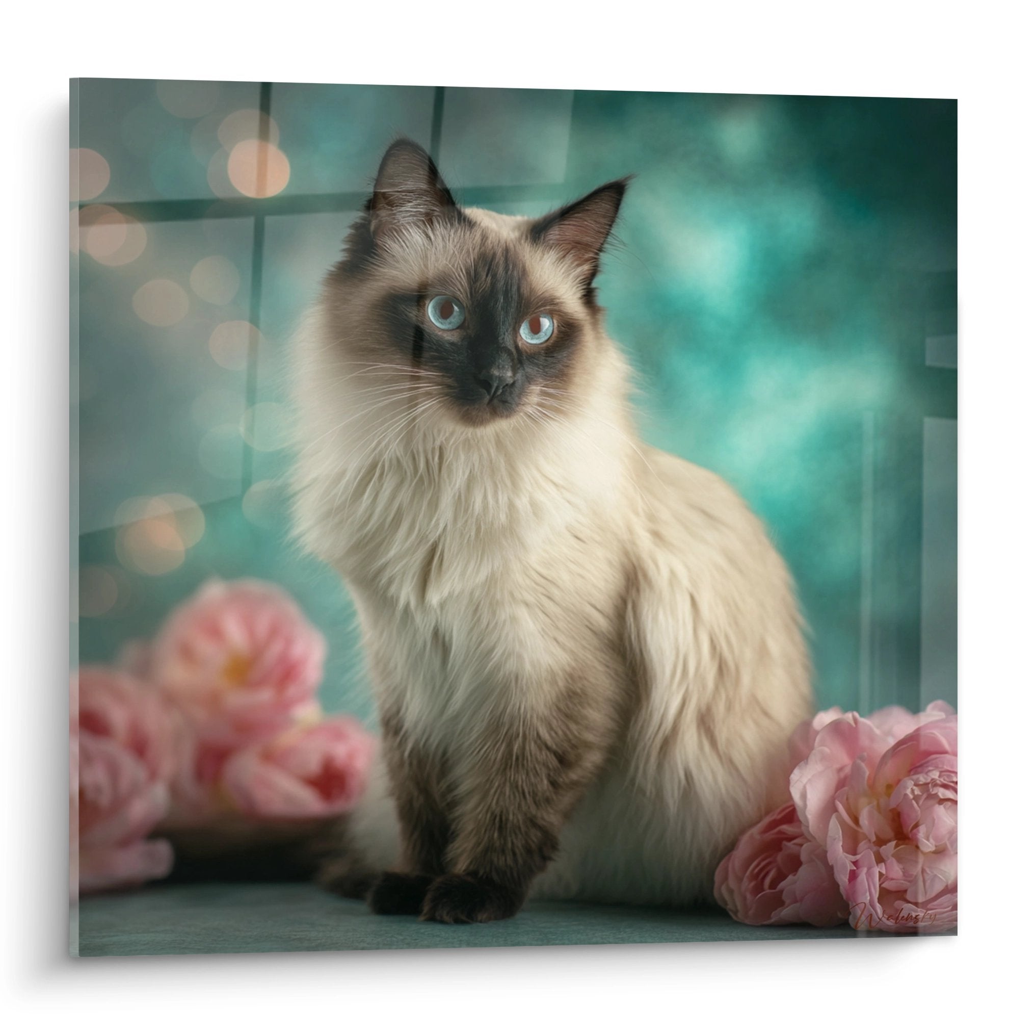 Quadro gatto balinese con occhi blu seduto tra peonie rosa su fondo turchese - decorazione murale elegante