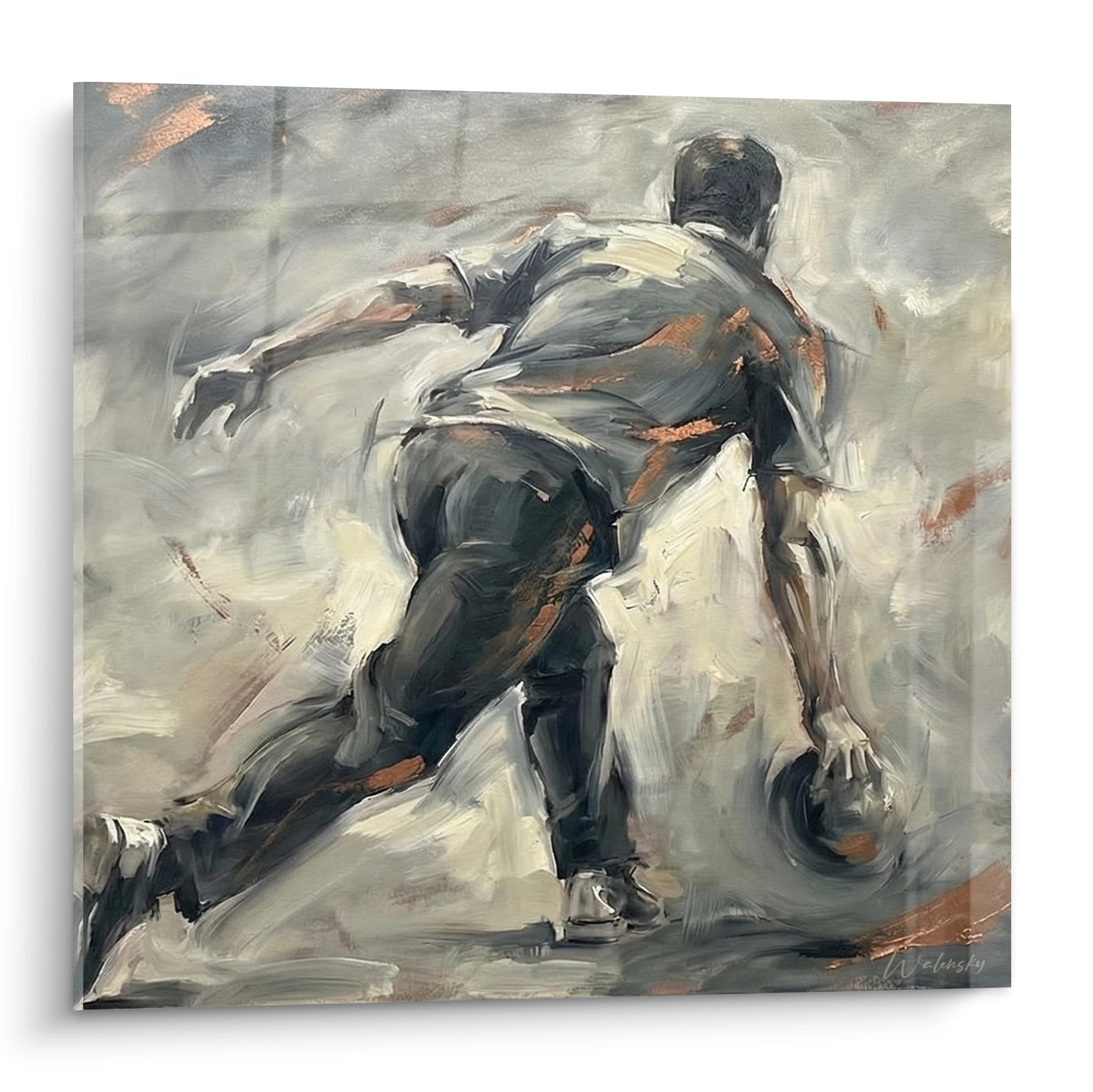 Bowling player action painting, dynamic throw, gray and white tones, modern sport art