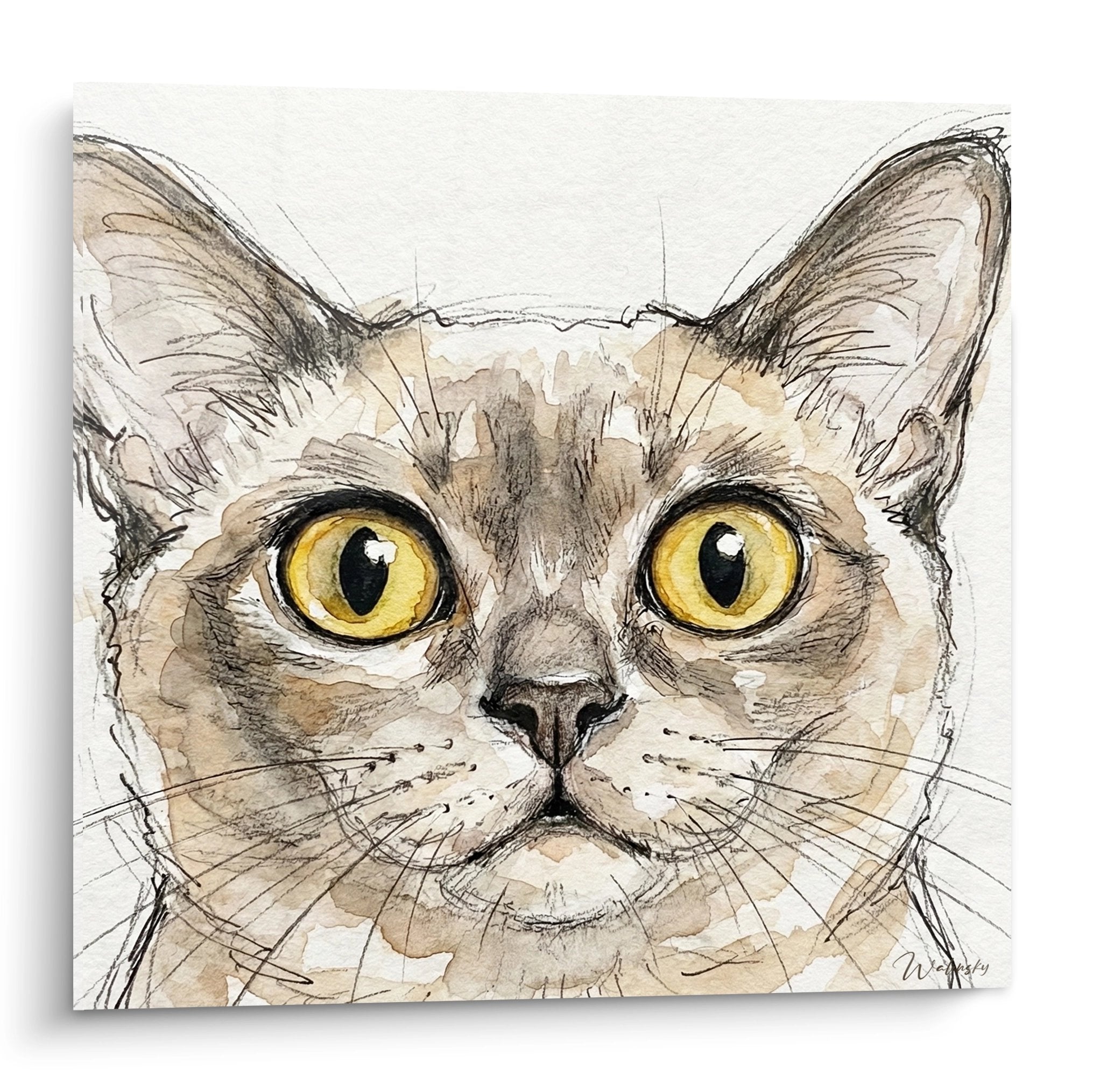 Portrait aquarelle chat Burmese aux yeux dorés, tableau mural artistique style contemporain