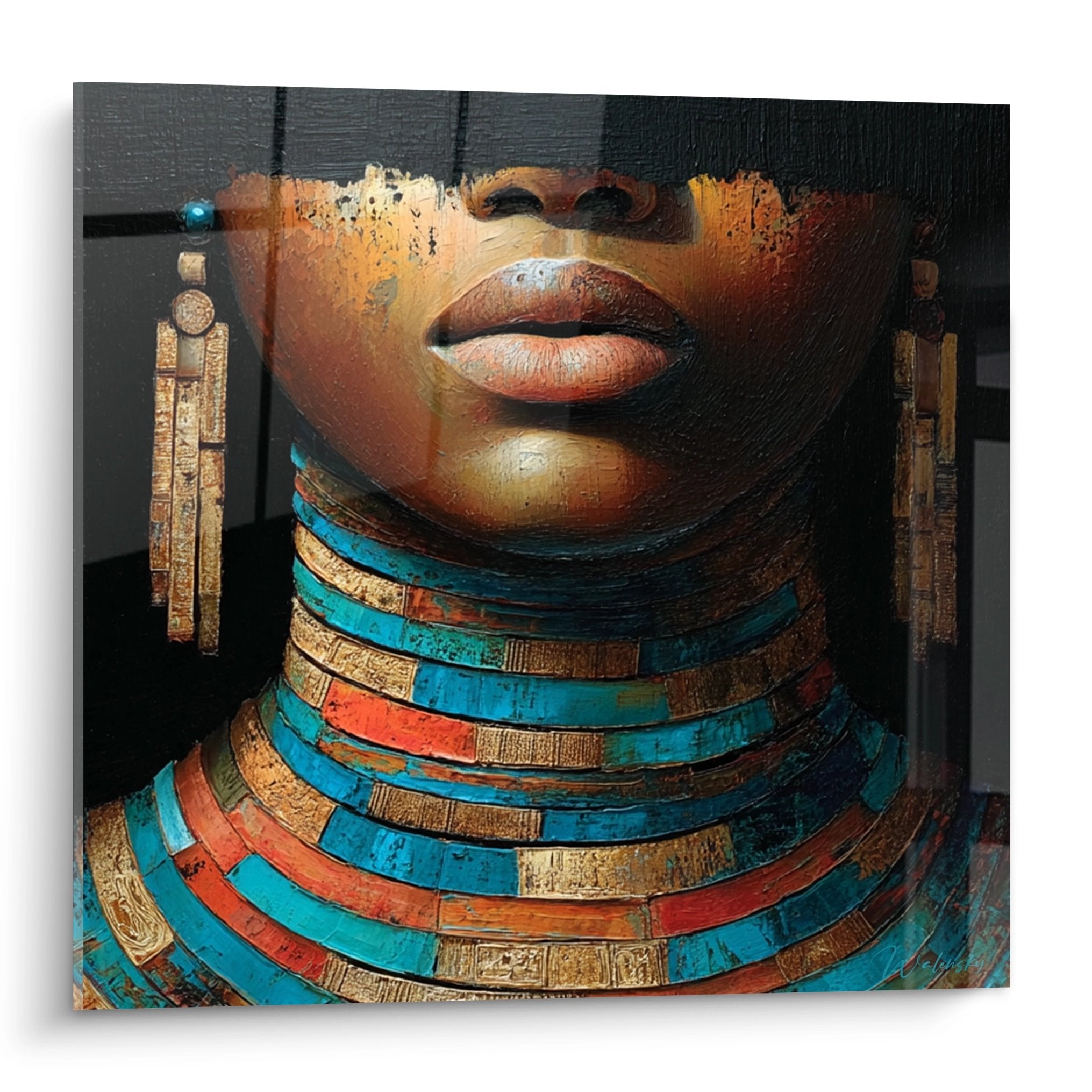 Quadro ritratto faraone donna africana con collana dorata turchese arte murale etnica decorazione moderna