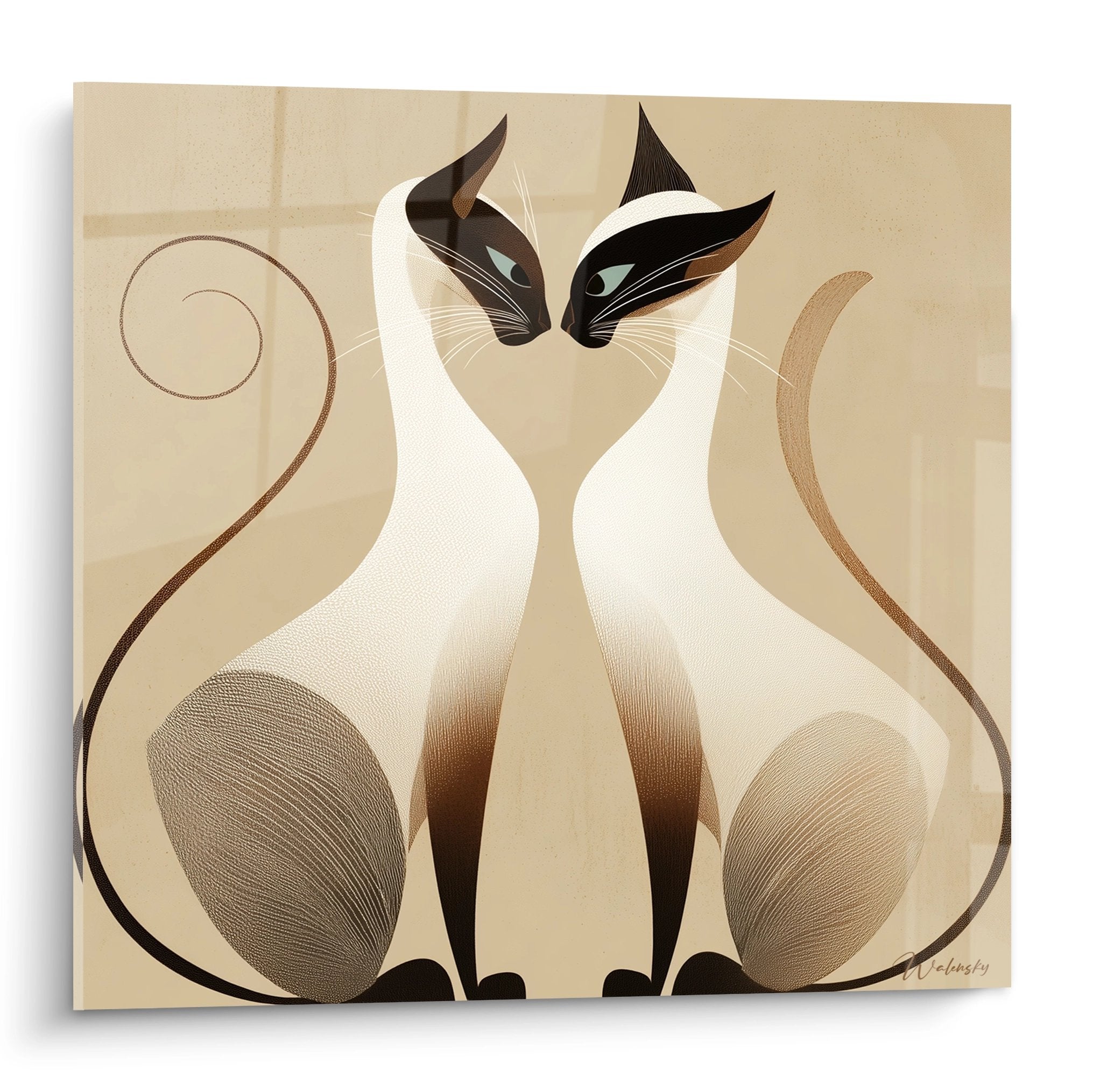 Modern artwork featuring two stylized Siamese cats in beige tones with black masks in a refined art deco style