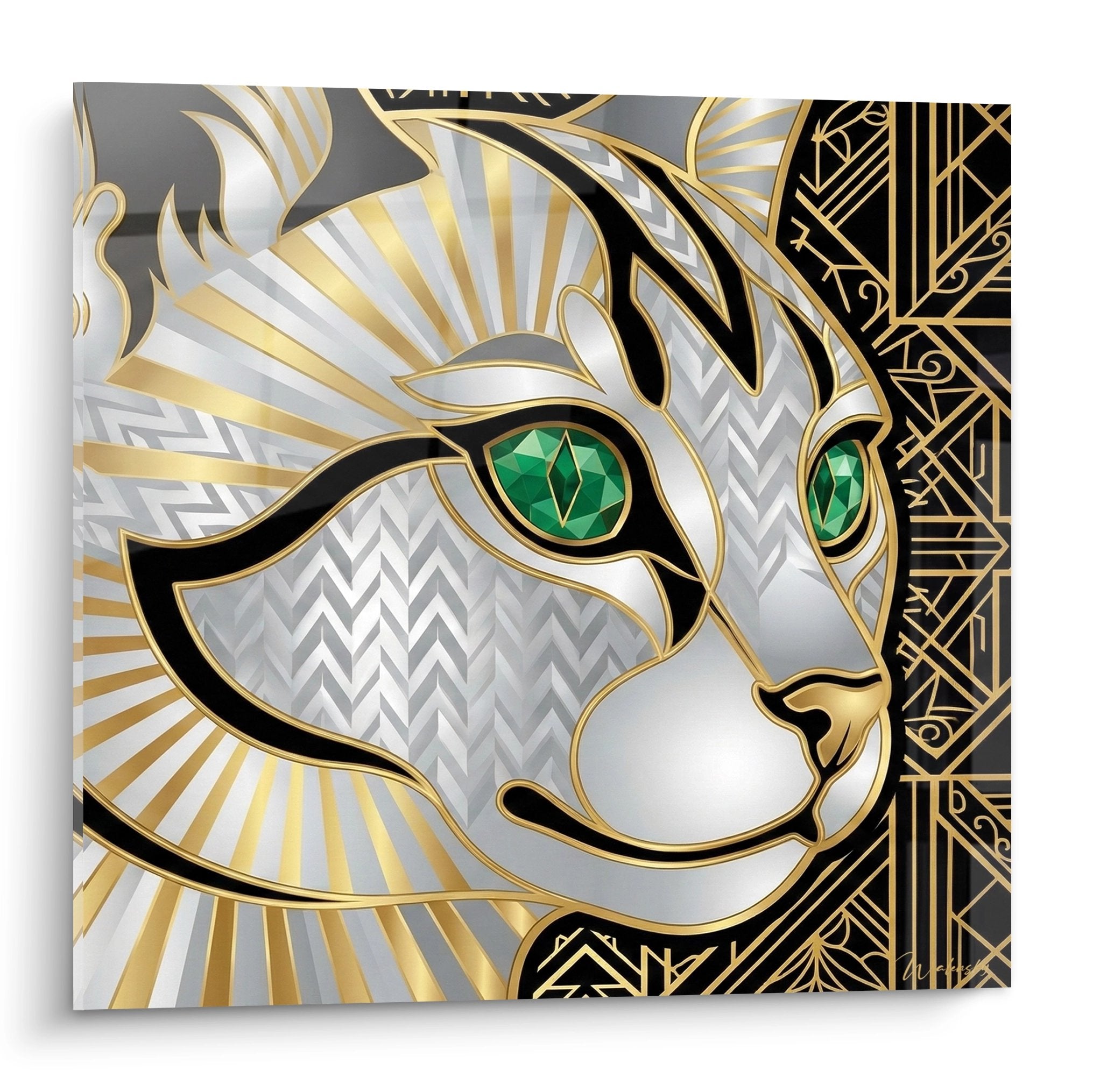 Wandbild Katze Art-Déco gold und smaragdgrün mit luxuriösen geometrischen Mustern im Stil der 1920er Jahre