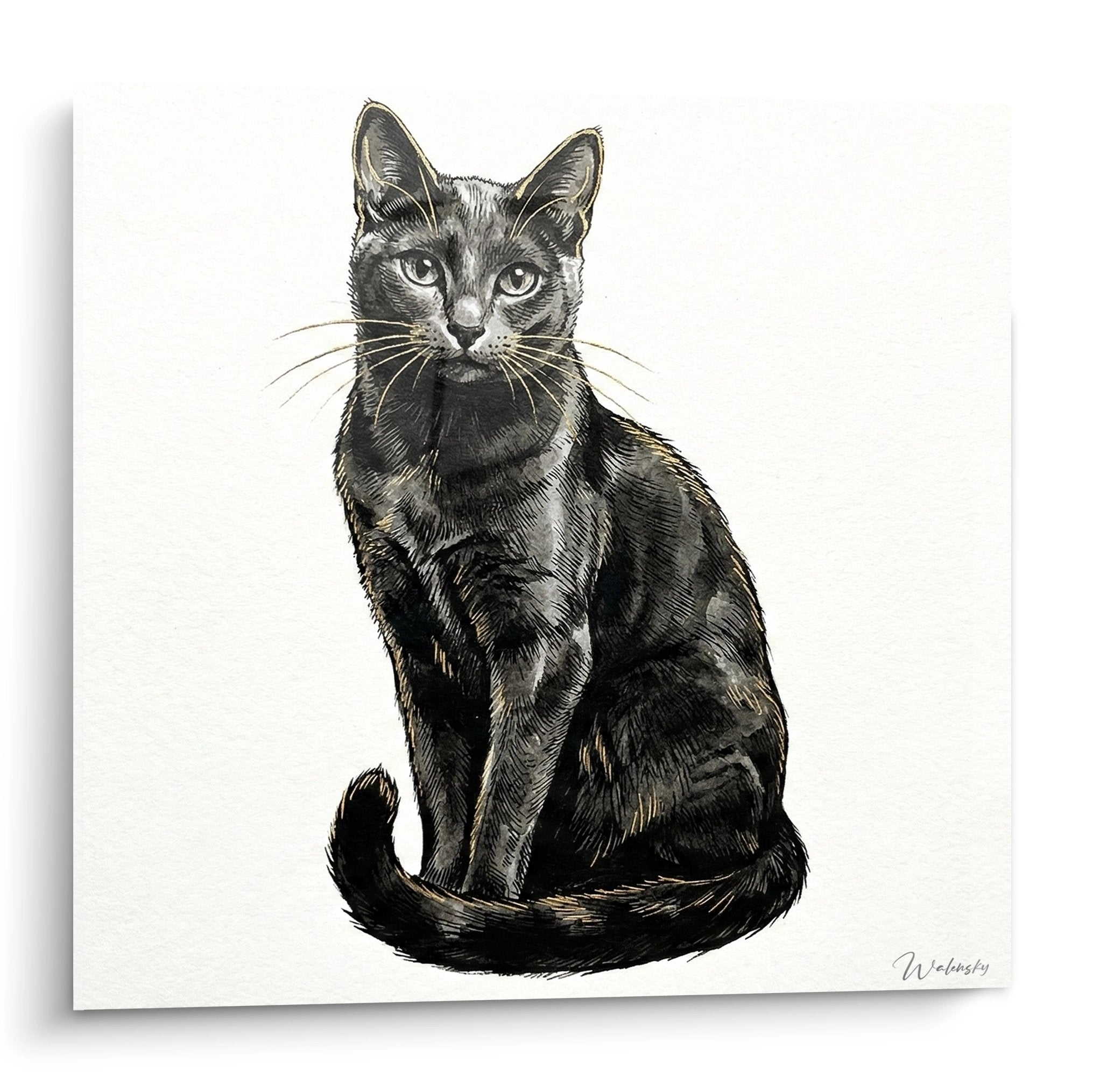 Tableau portrait chat Russian Blue assis fond blanc style artistique détaillé décoration murale élégante