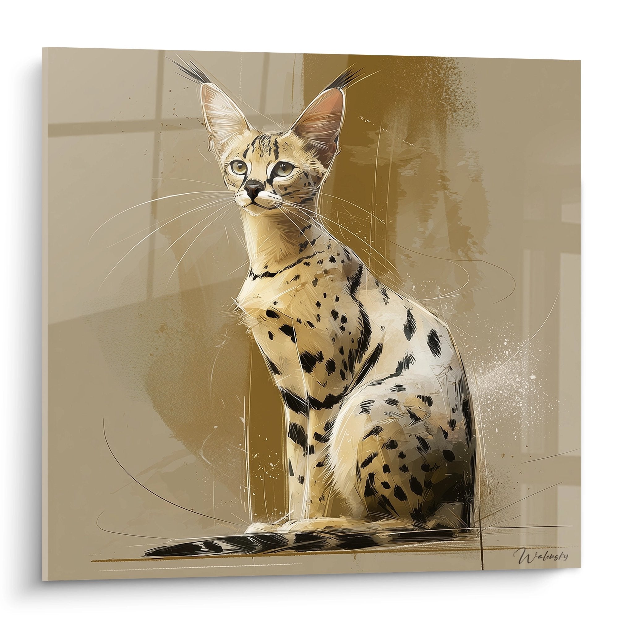 Tableau artistique representant un chat Savannah assis avec pelage tacheteur dorer dans style contemporain