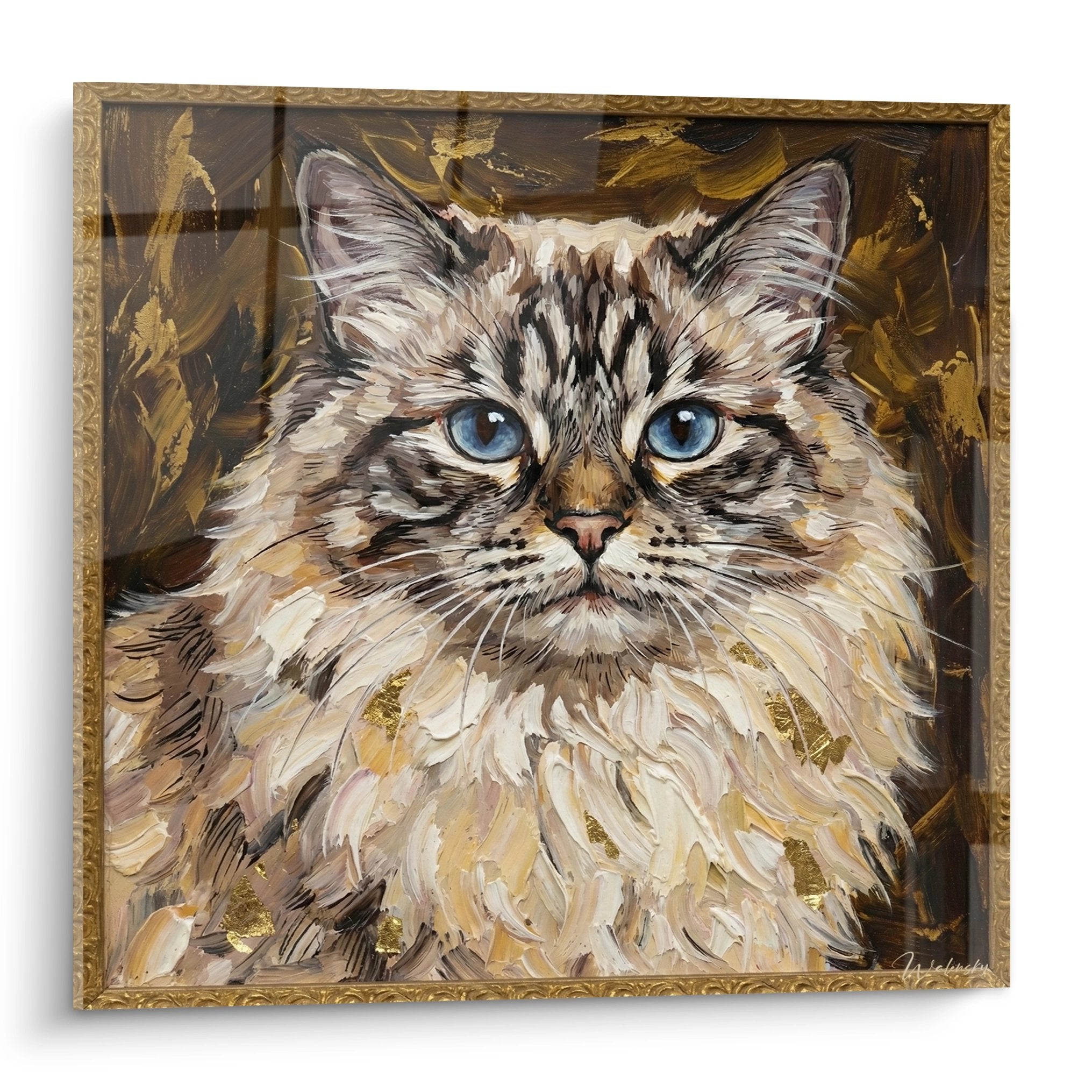 Tableau encadré représentant un chat Himalayan aux yeux bleus avec pelage crème et brun dans cadre doré