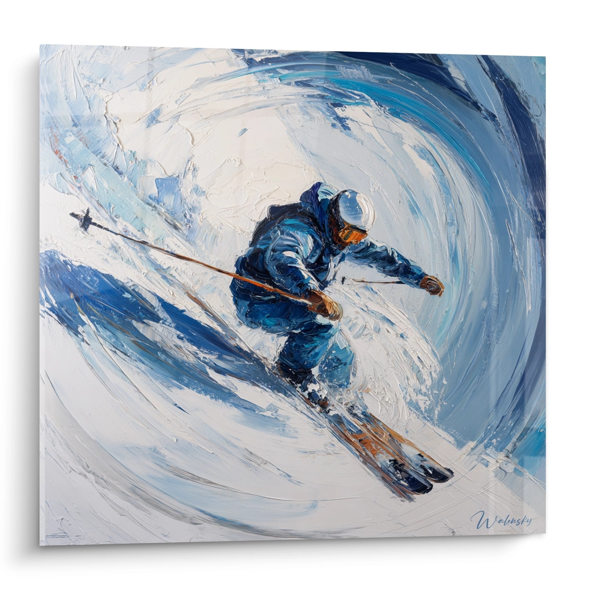 Tableau moderne représentant un skieur en descente dans un tourbillon de neige aux tons bleus et blancs