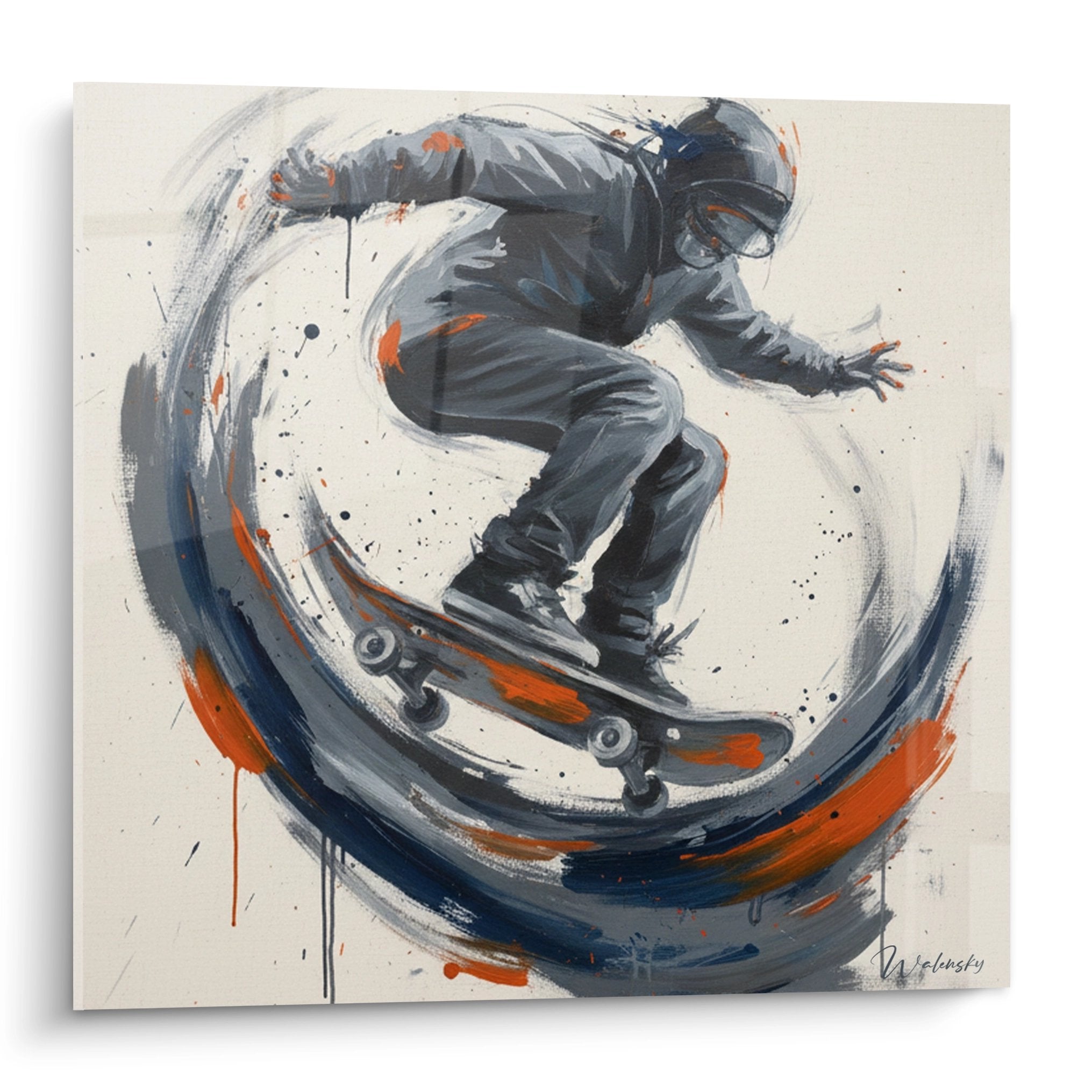 Tableau moderne représentant un skateur en mouvement avec skateboard, peinture grise orange et bleue style urbain