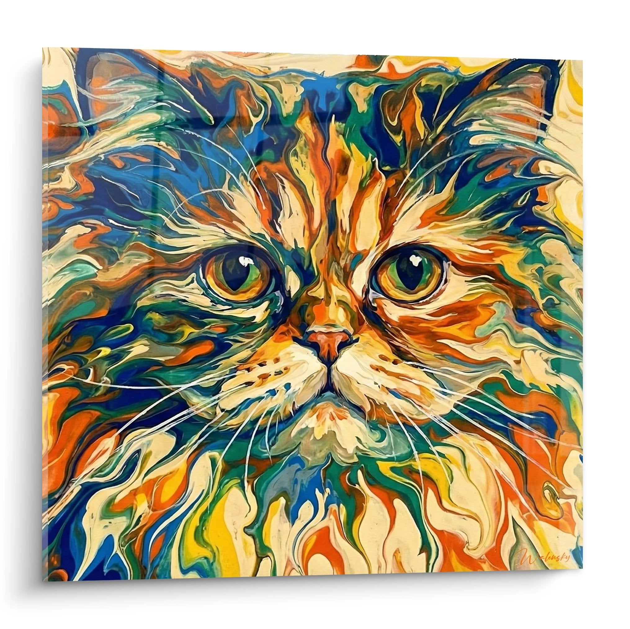 Künstlerisches Gemälde einer Persischen Katze in lebendigen und fließenden Farben, mehrfarbige moderne Malerei zur Wanddekoration