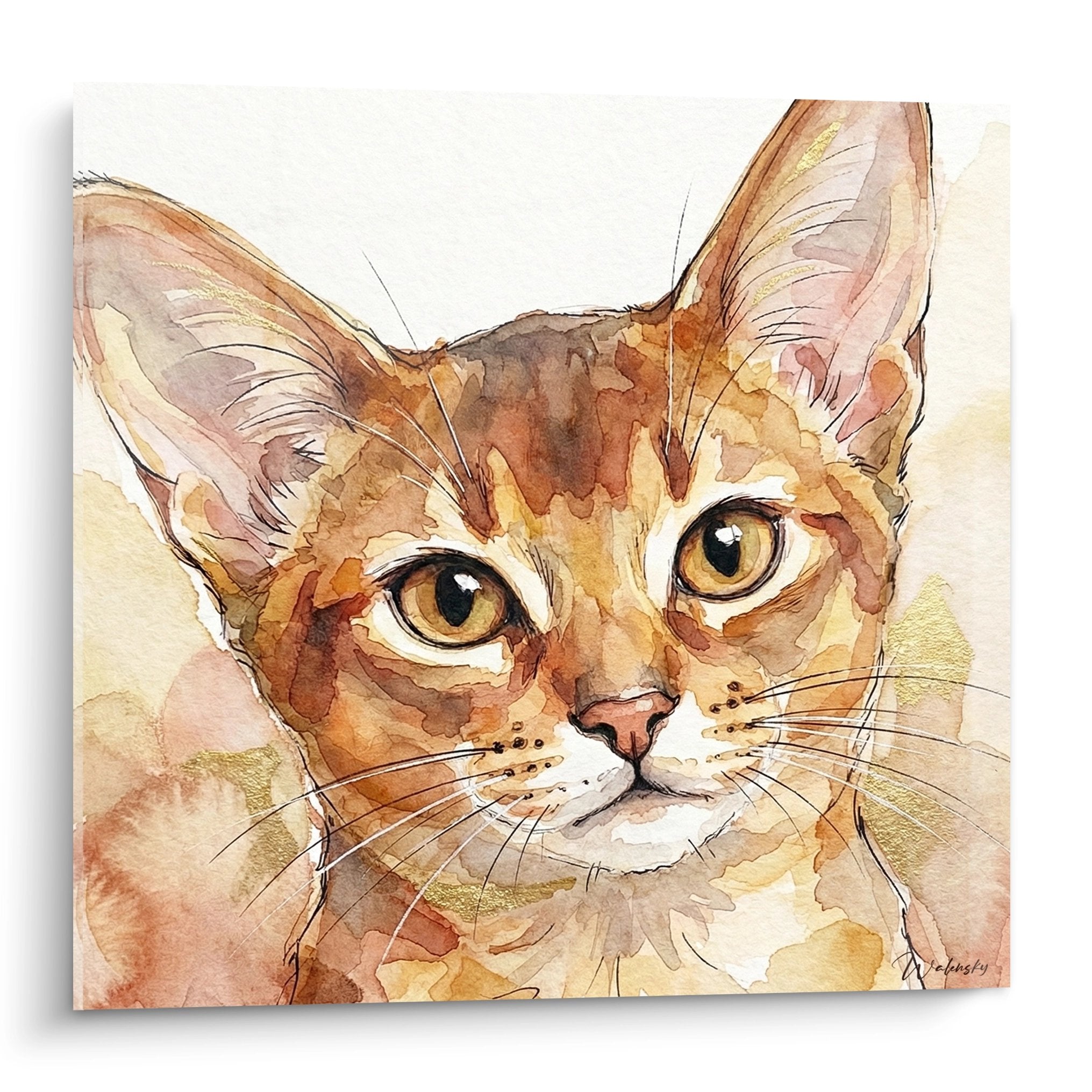 Ritratto acquerello gatto Abissino con occhi dorati, tecnica artistica delicata tonalità calde marroni e ocra